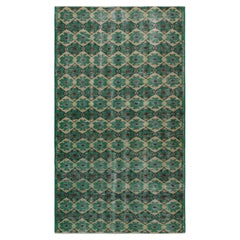 1960s Retro Distressed Rug in Teal Green Lattice Patterns by Rug & Kilim