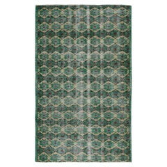 1960s Vintage Distressed Rug in Teal Green Lattice Patterns with by Rug & Kilim