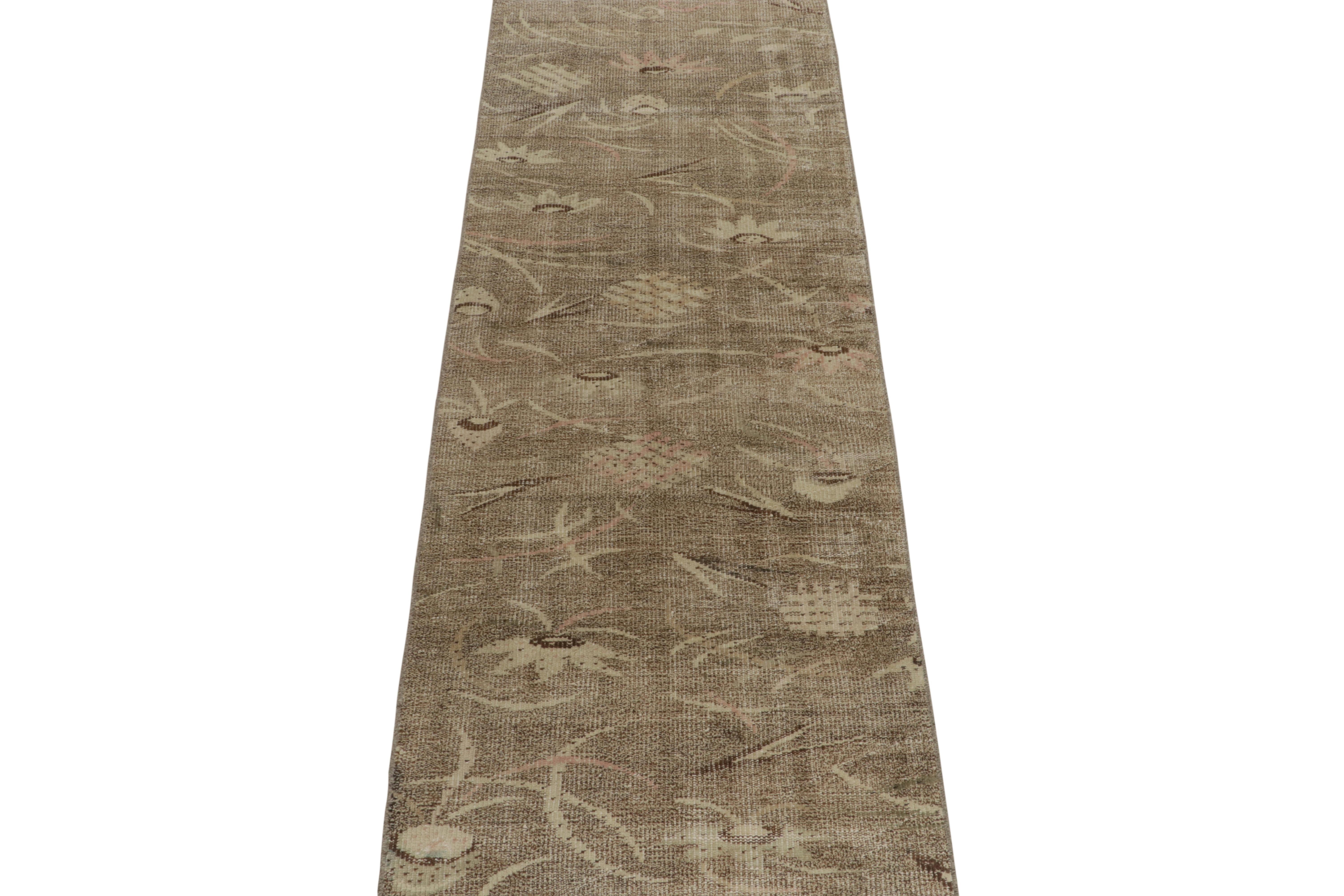 Art Deco 1960s Vintage Distressed Runner in Beige-Brown Abstract Patterns by Rug & Kilim For Sale