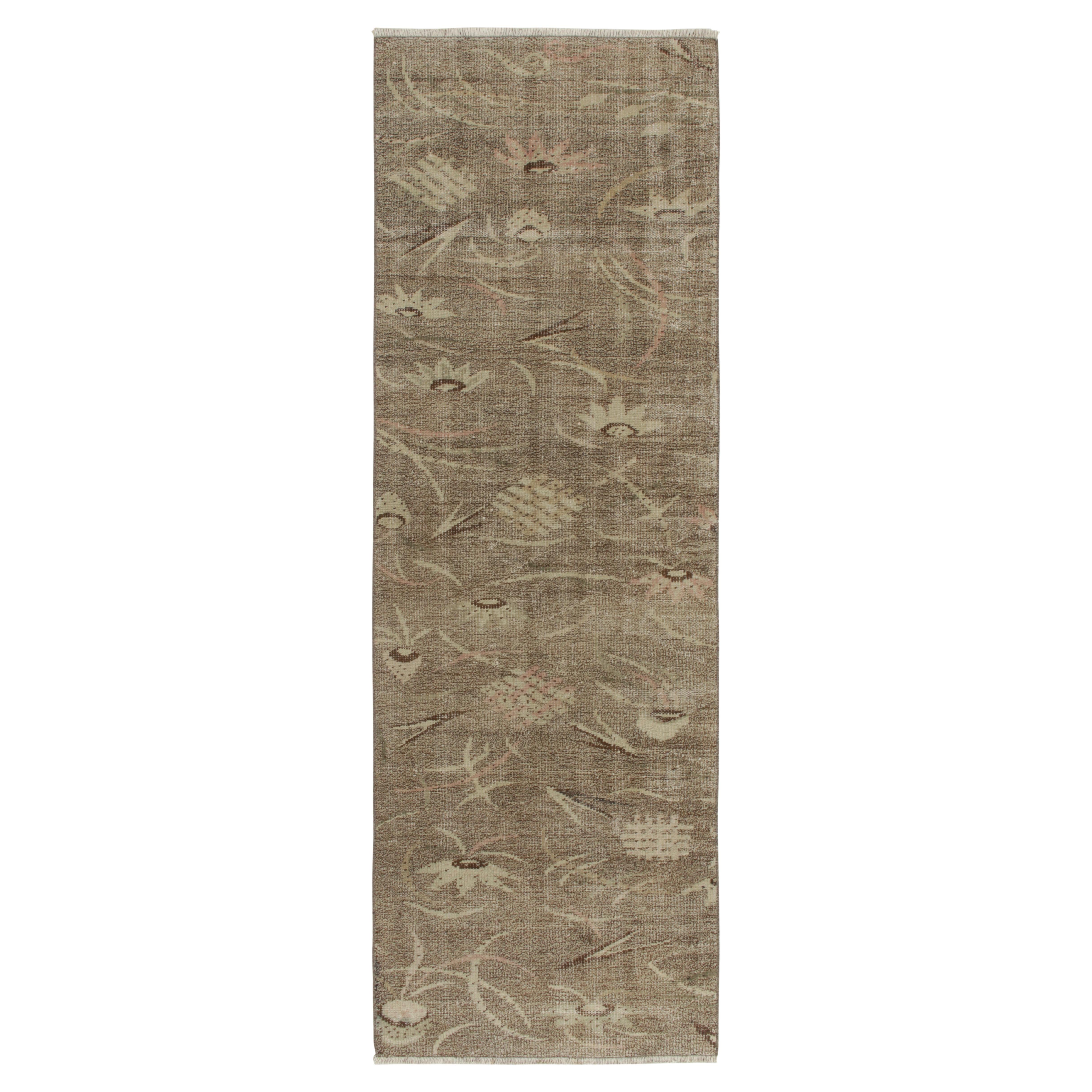 1960s Vintage Distressed Runner in Beige-Brown Abstract Patterns by Rug & Kilim