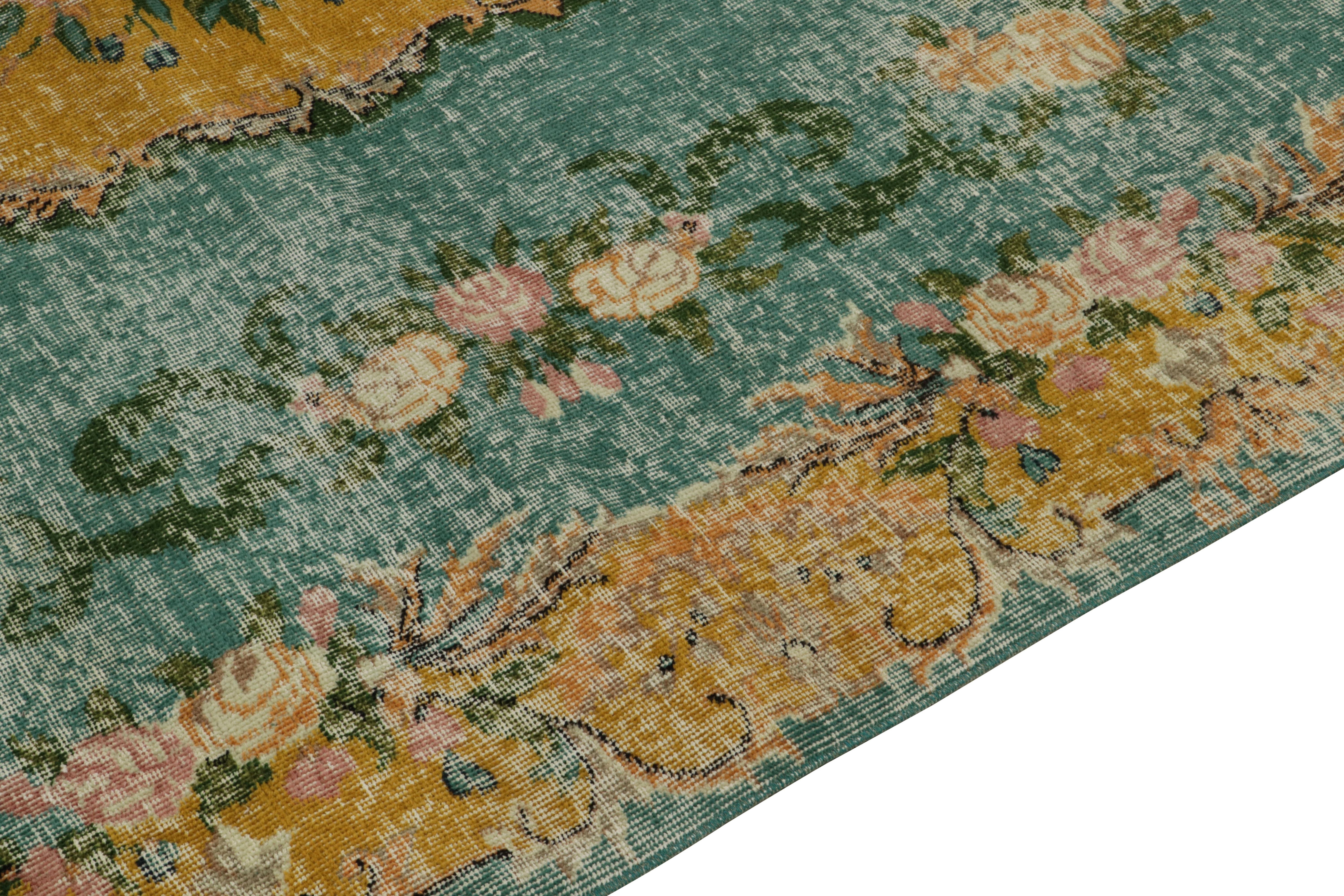 Art Nouveau 1960s Vintage Distressed Style Rug in Gold, Green Floral Patterns by Rug & Kilim