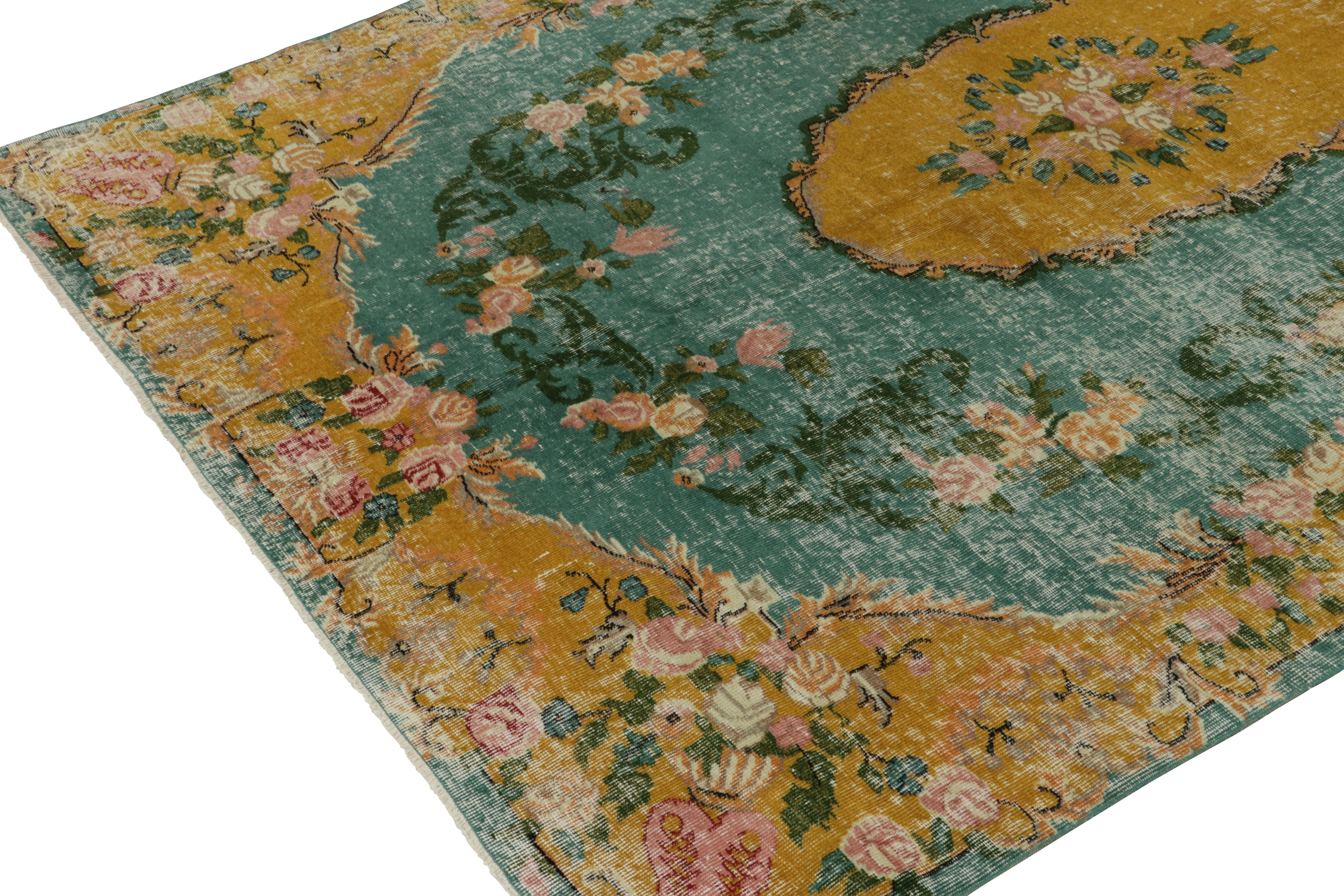 Turkish 1960s Vintage Distressed Style Rug in Gold, Green Floral Patterns by Rug & Kilim
