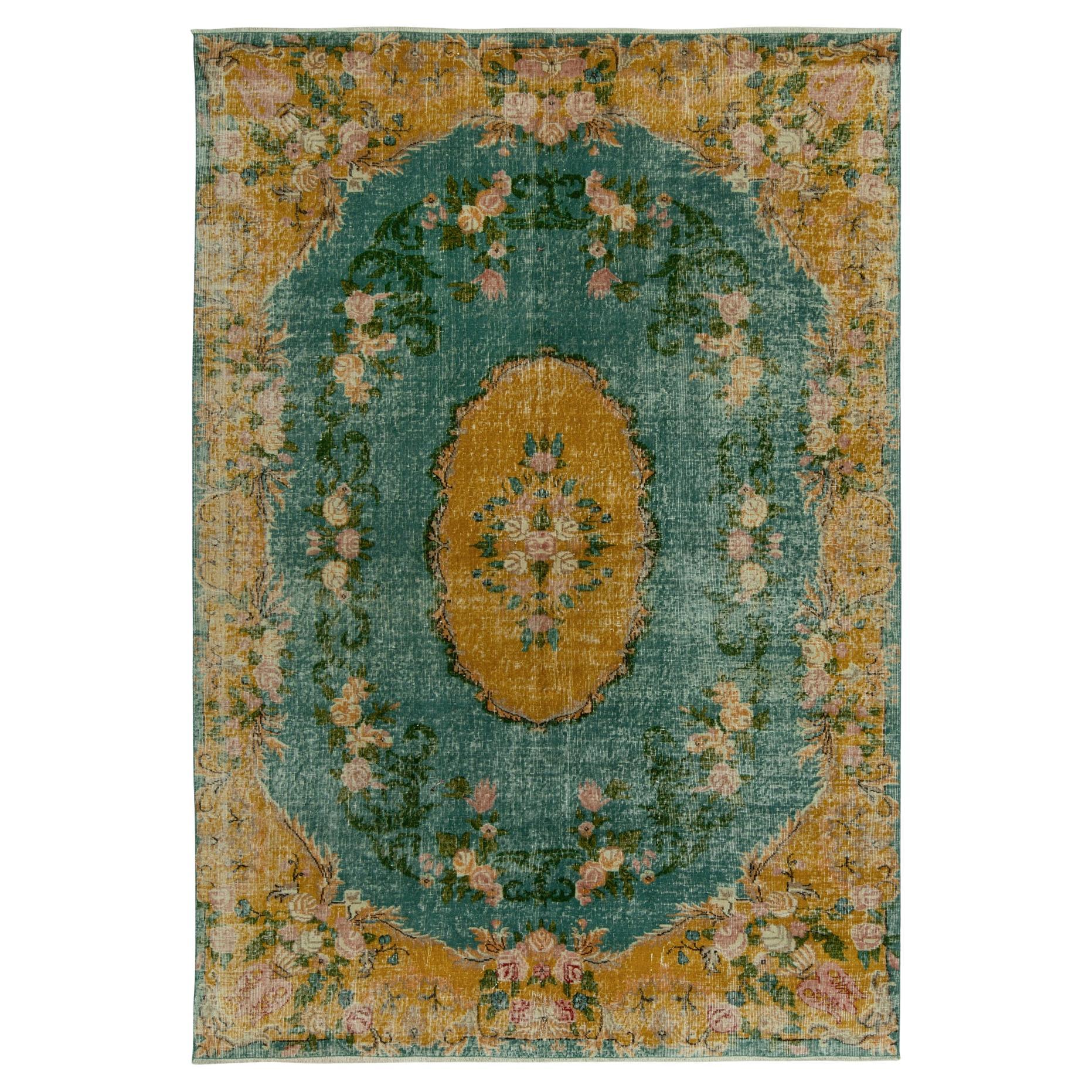 1960s Vintage Distressed Style Rug in Gold, Green Floral Patterns by Rug & Kilim
