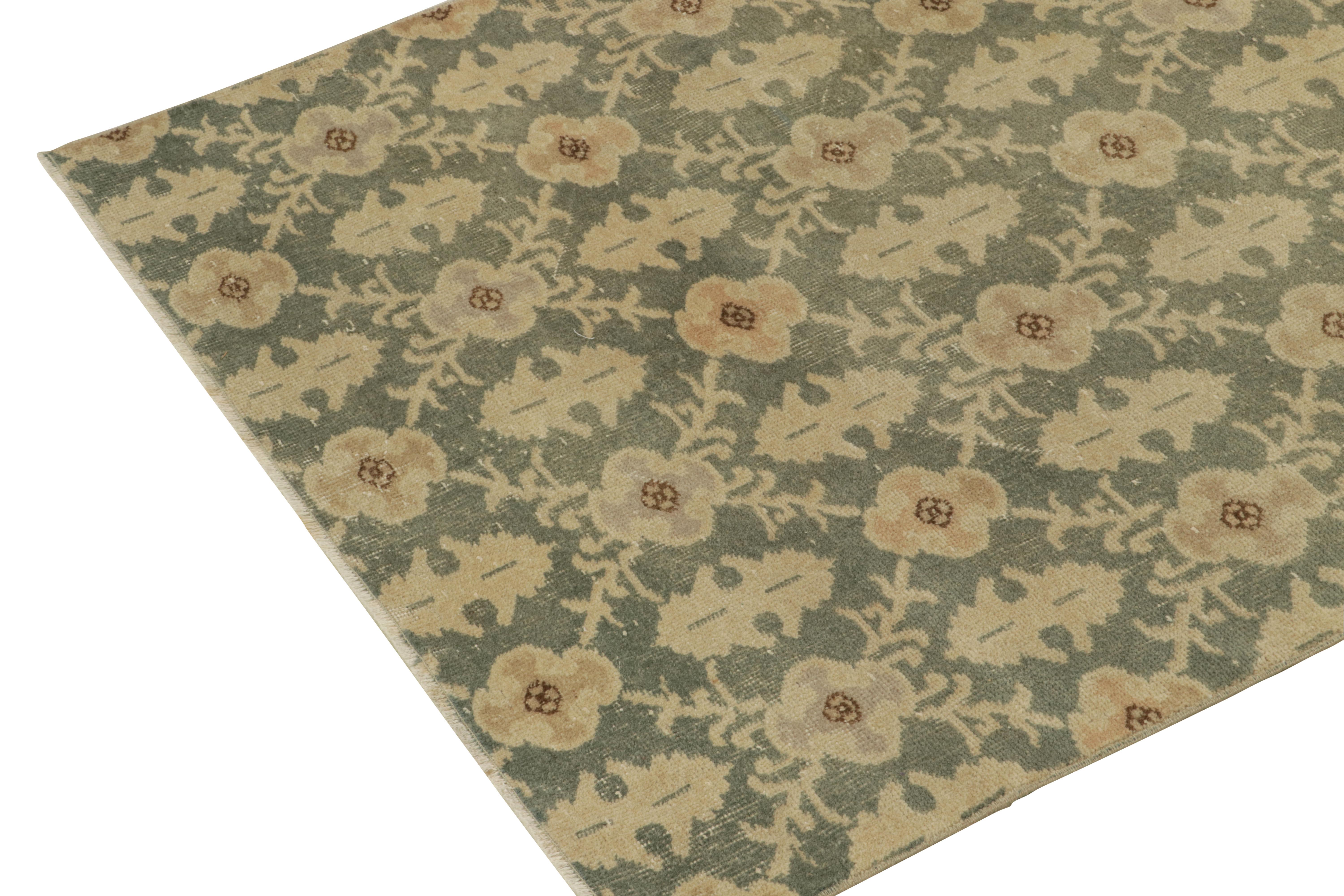 Hand-Knotted 1960s Vintage Distressed Style Rug in Green, Beige Floral Pattern by Rug & Kilim For Sale