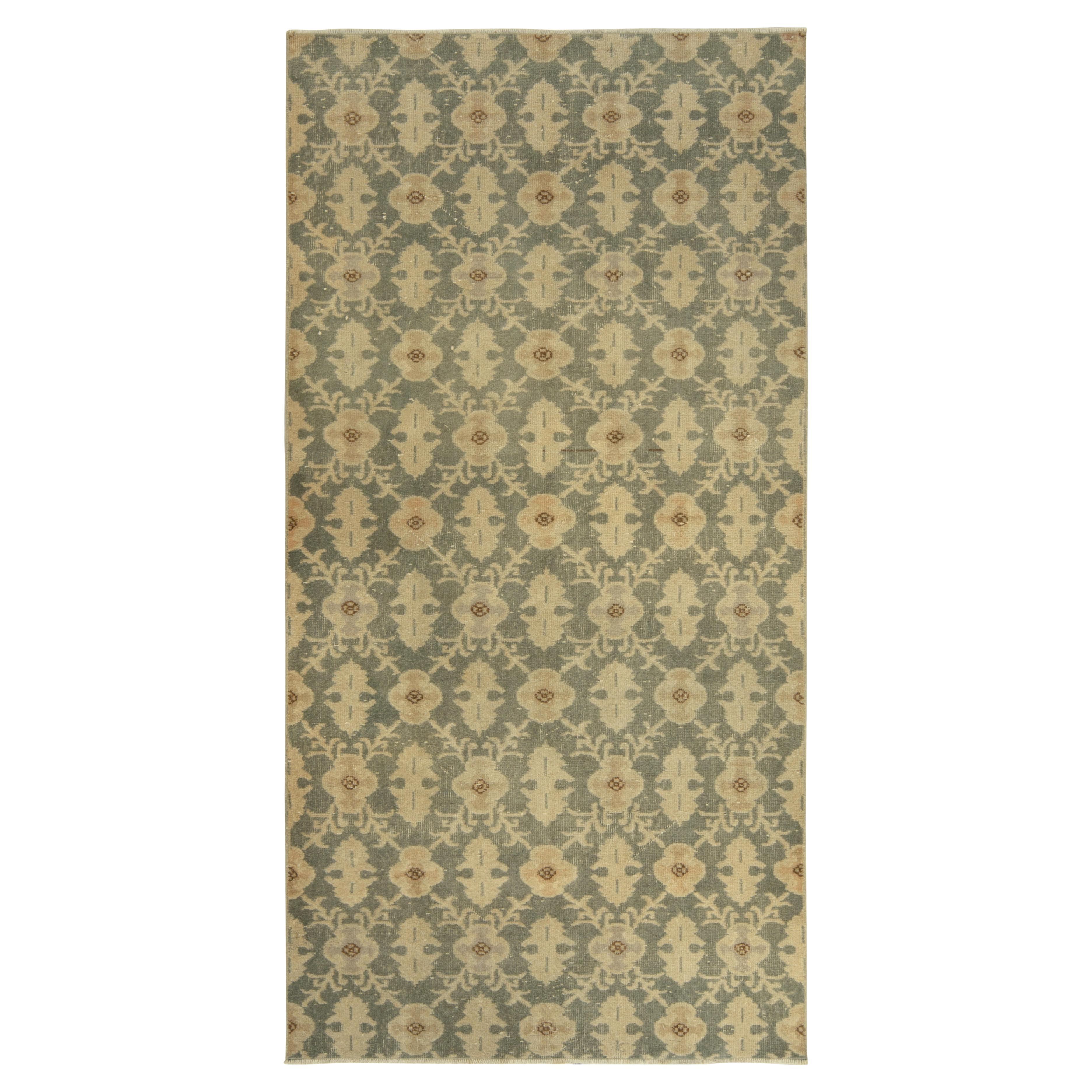 1960s Vintage Distressed Style Rug in Green, Beige Floral Pattern by Rug & Kilim