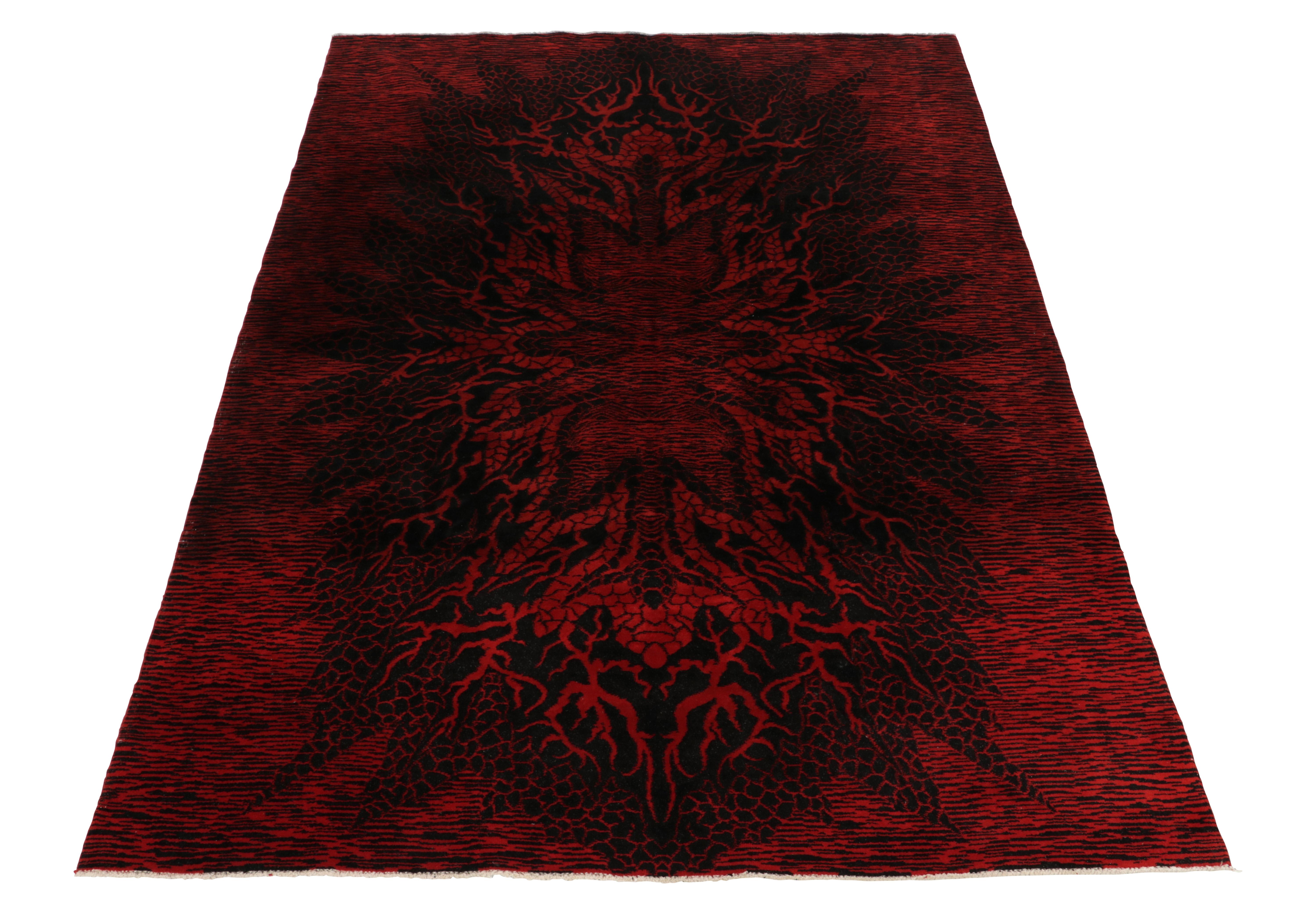 Hand-knotted in wool from Turkey circa 1960-1970, a vintage 7x10 distressed rug from an innovativeTurkish artist joining Rug & Kilim’s Mid-Century Pasha Collection. 

From the atelier’s rare, bold love affair with red and black, this rug