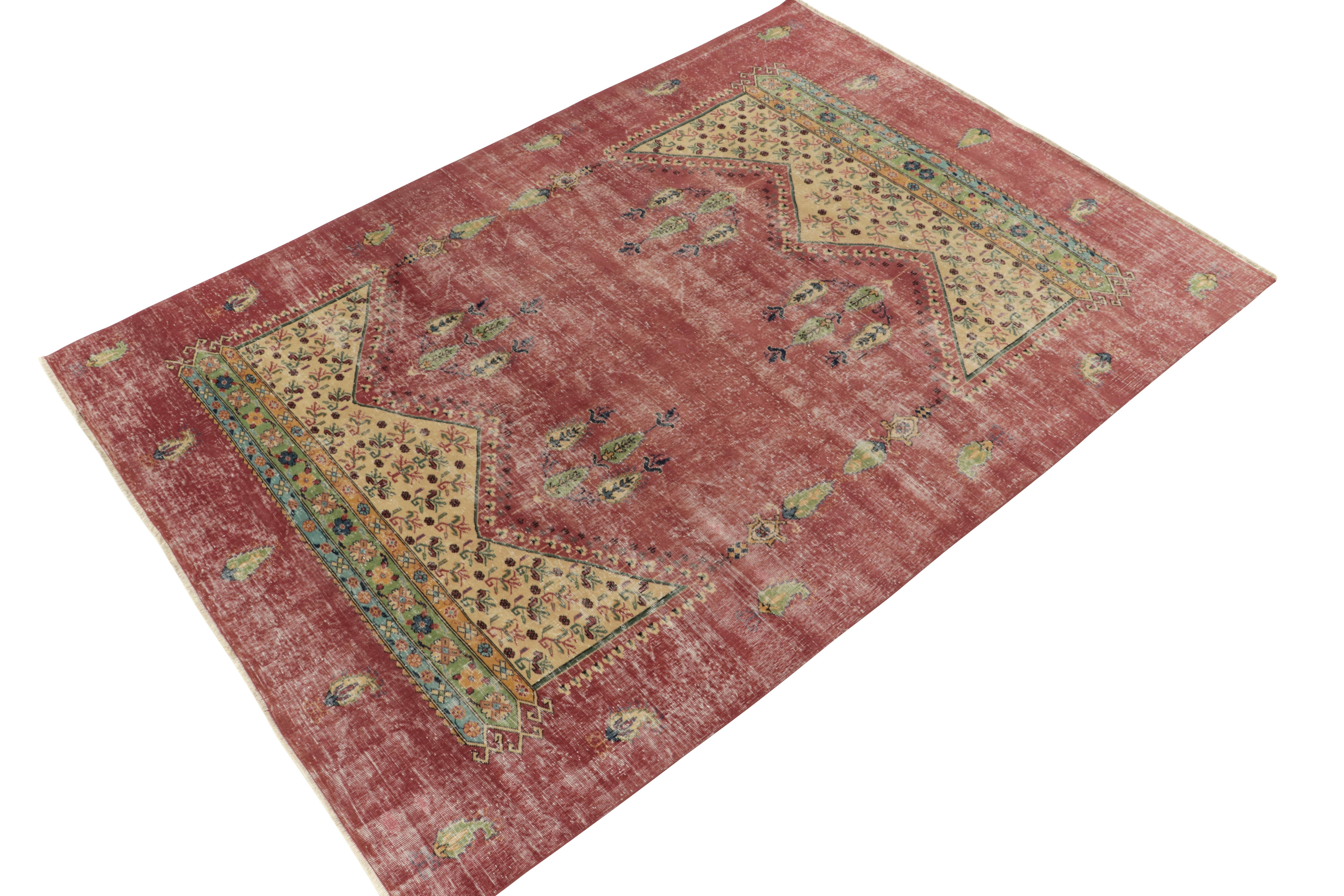 Mid-Century Modern 1960s Vintage Distressed style Rug in Red, Beige, Floral Patterns by Rug & Kilim For Sale