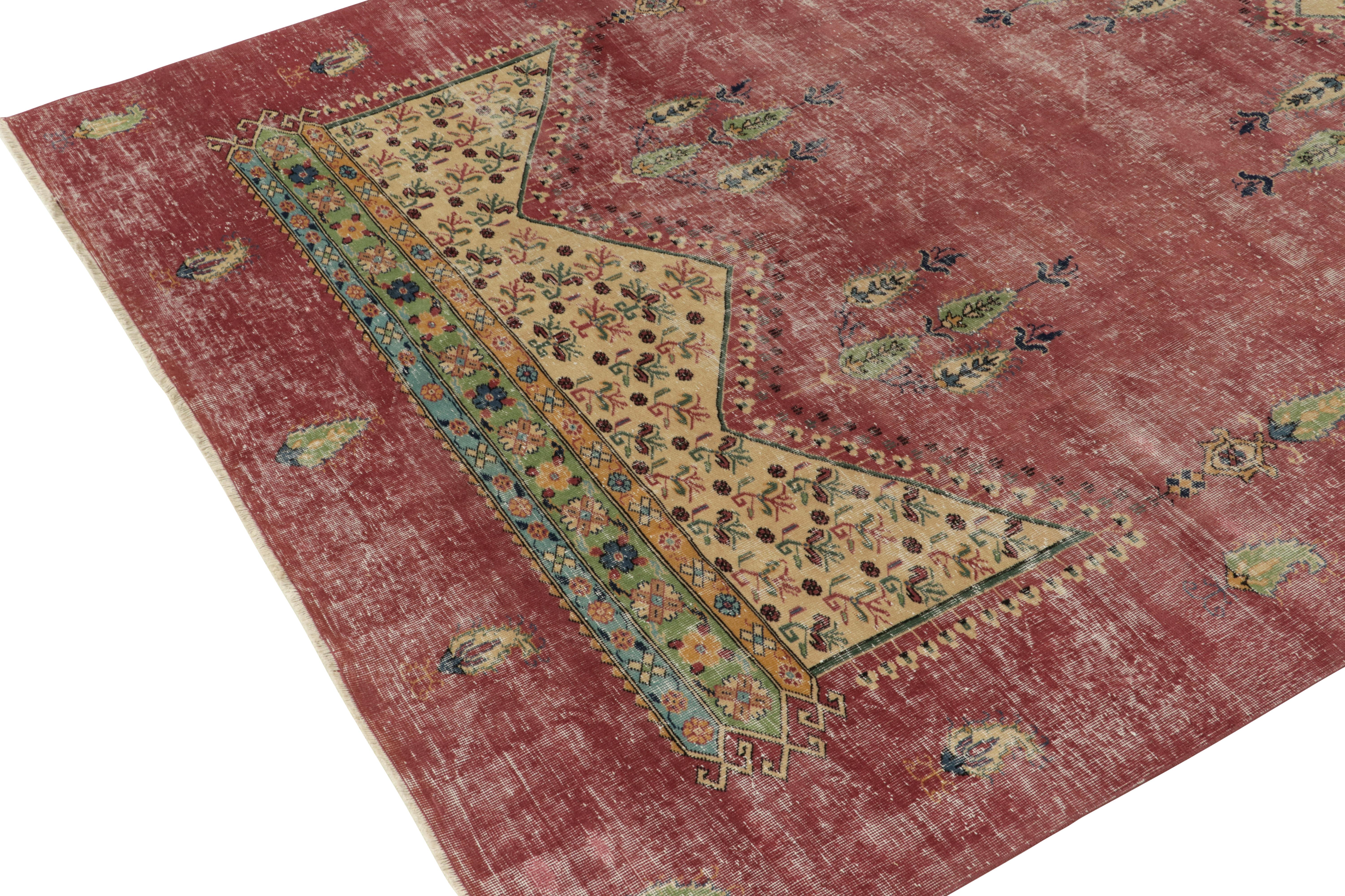 Hand-Knotted 1960s Vintage Distressed style Rug in Red, Beige, Floral Patterns by Rug & Kilim For Sale