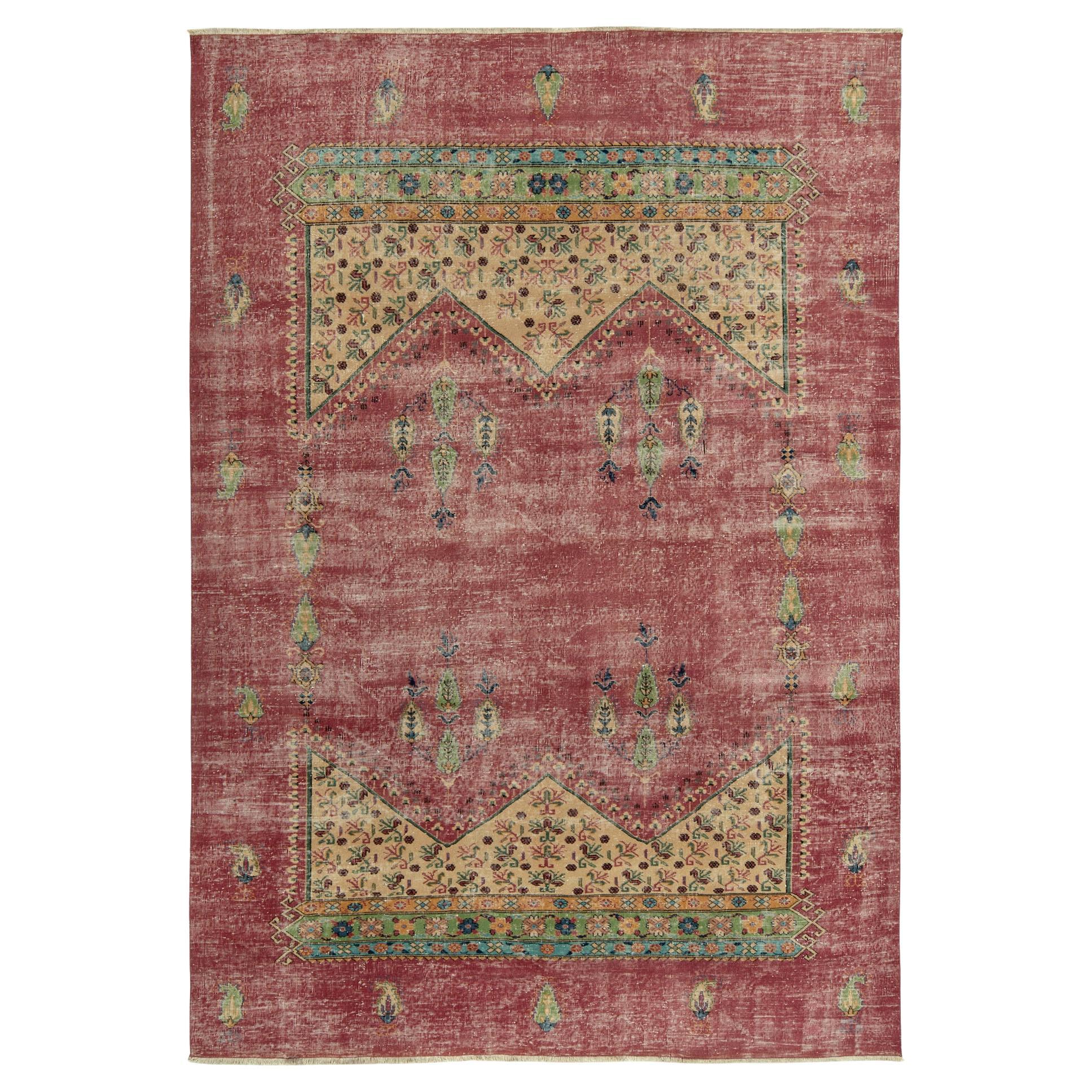 1960s Vintage Distressed style Rug in Red, Beige, Floral Patterns by Rug & Kilim