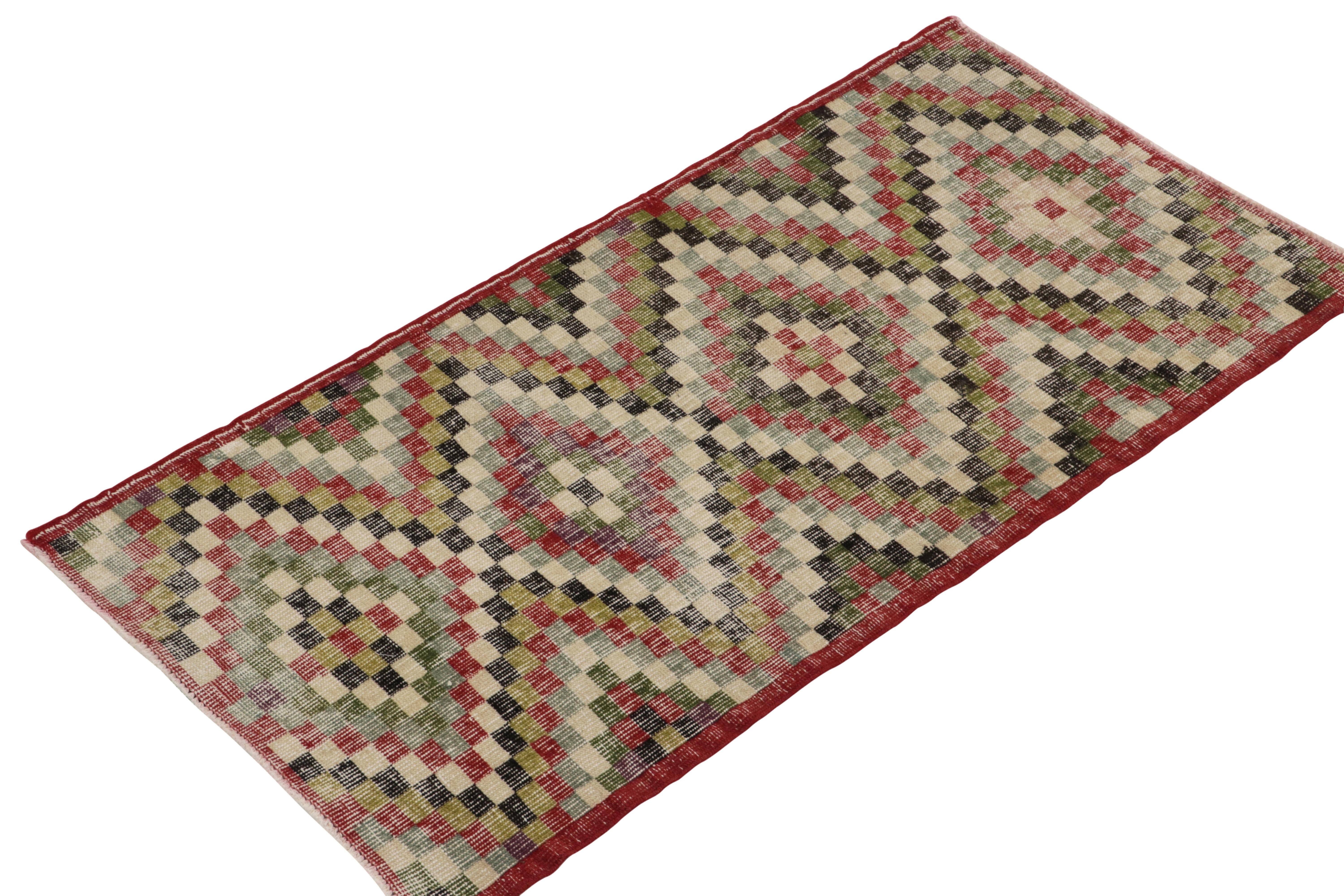 Hand-Knotted 1960s Vintage Distressed Turkish Rug in Multicolor Geometric by Rug & Kilim For Sale