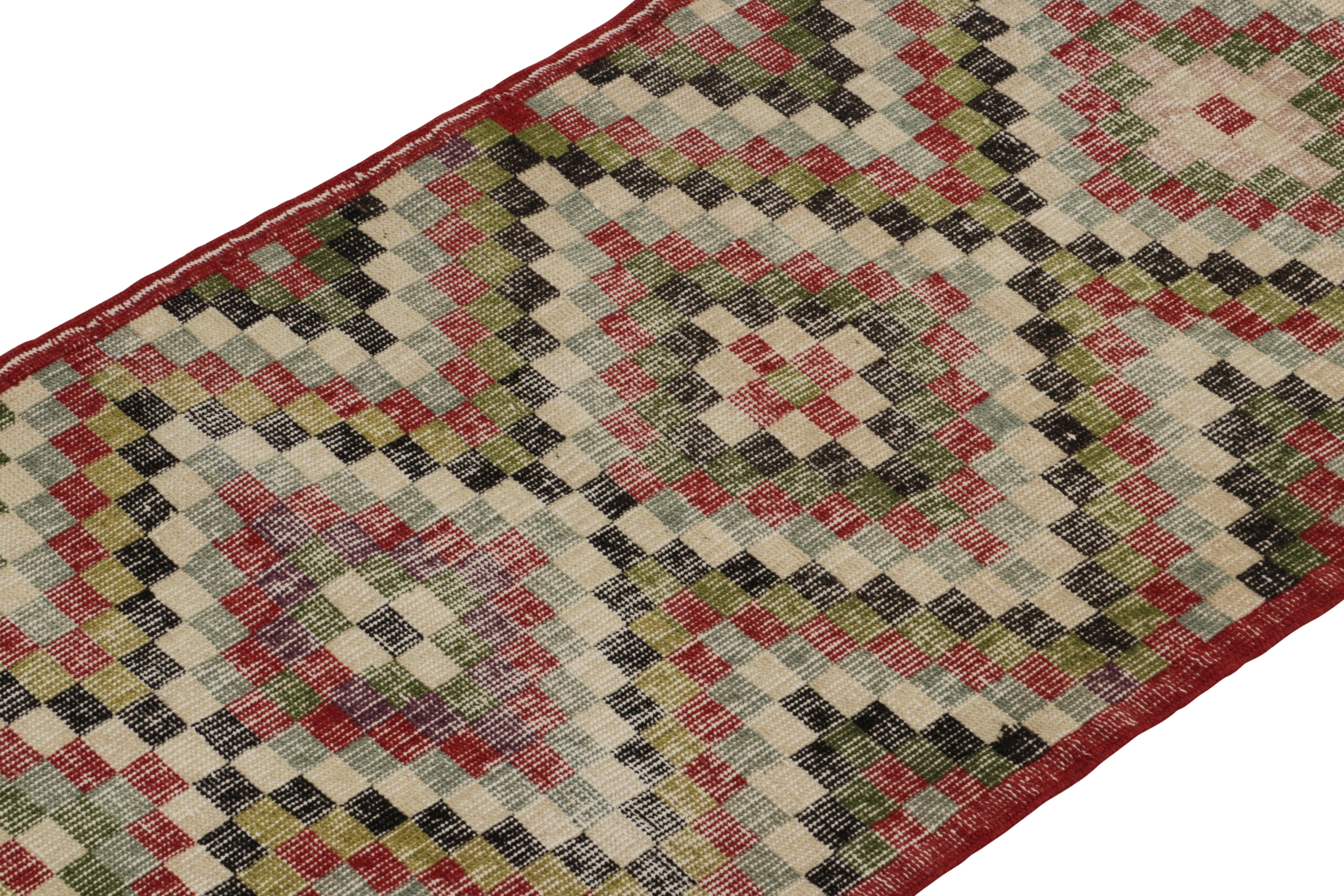 1960s Vintage Distressed Turkish Rug in Multicolor Geometric by Rug & Kilim In Good Condition For Sale In Long Island City, NY