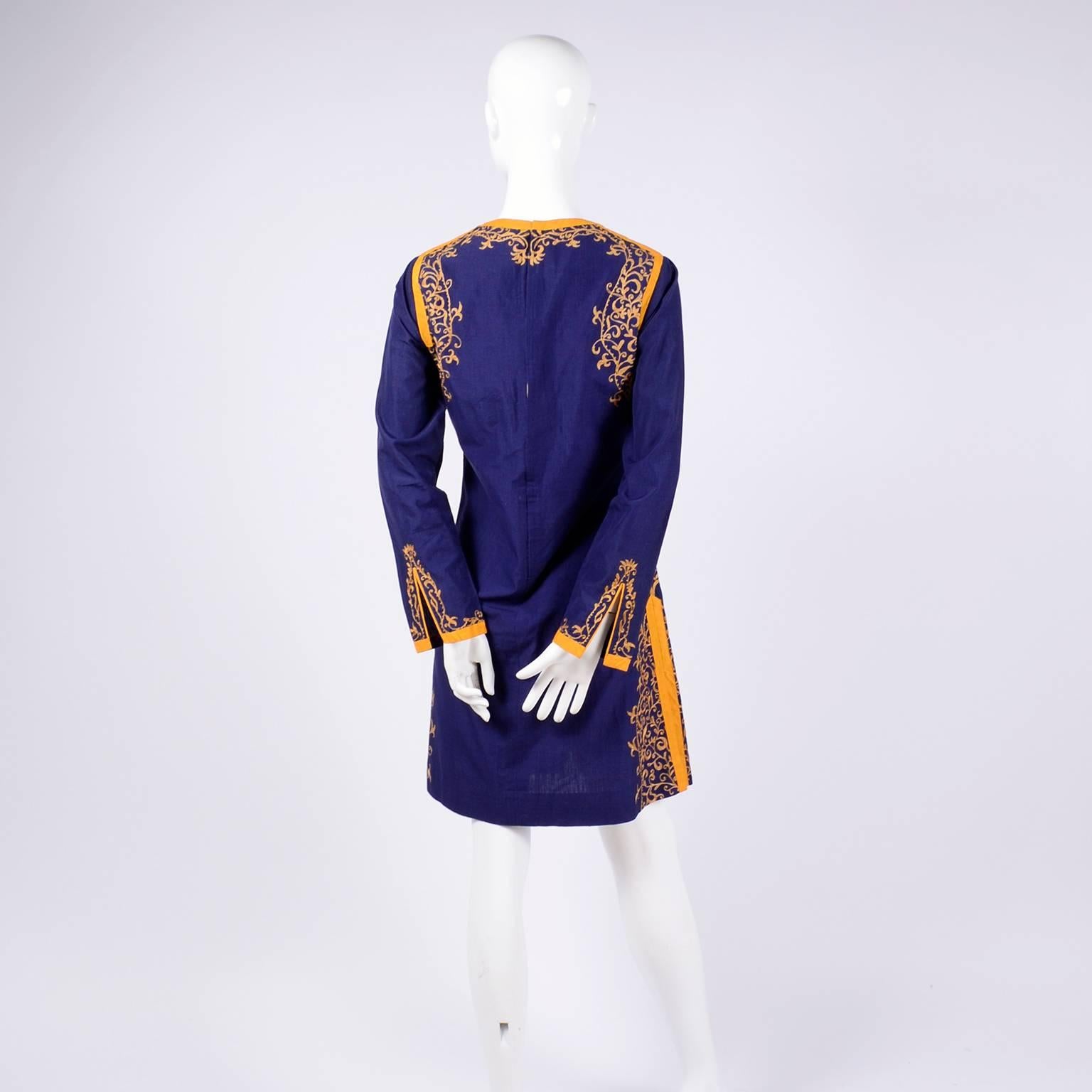 Aananda Vintage Navy Blue Cotton Dress Tunic with Marigold Embroidery, 1960s  2