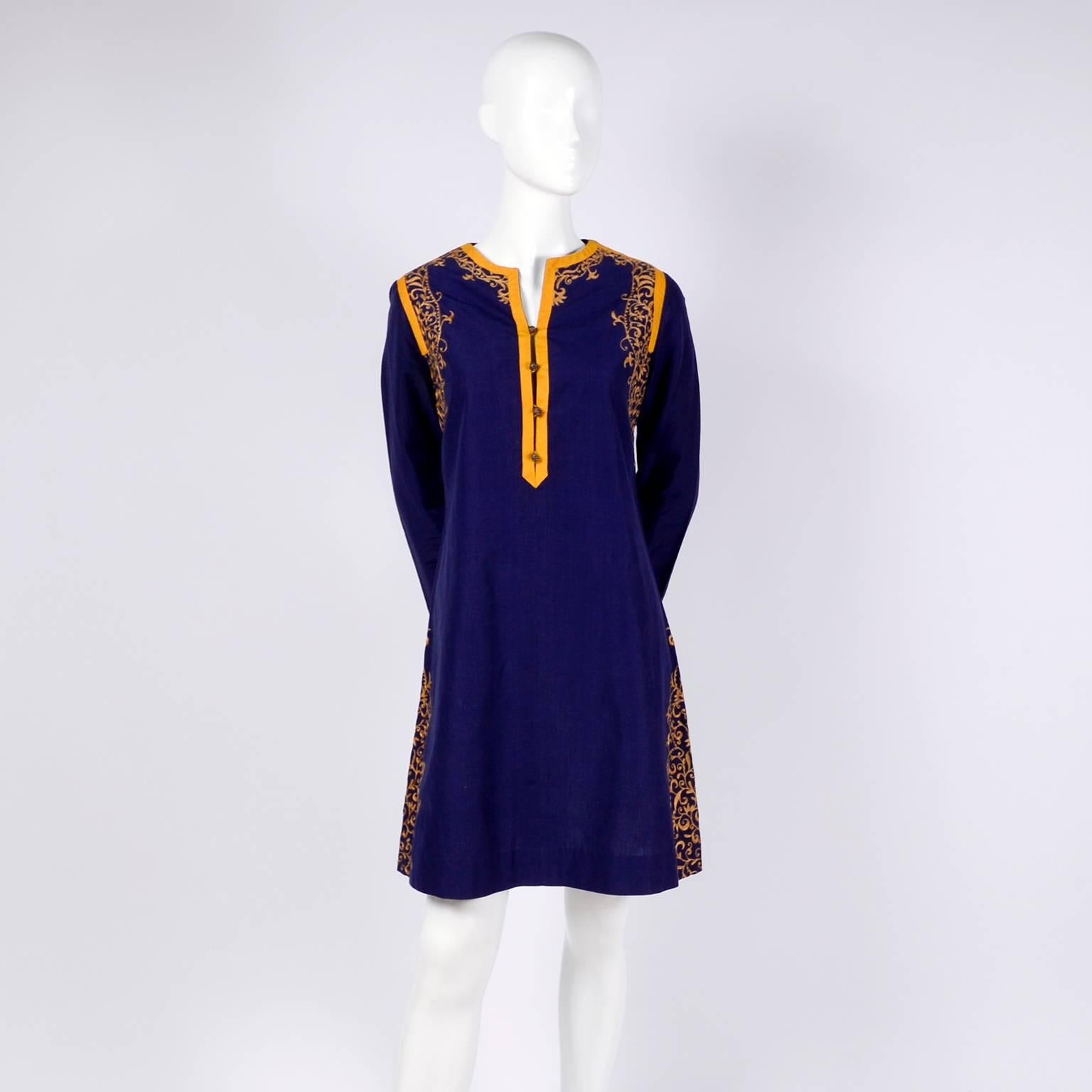 Aananda Vintage Navy Blue Cotton Dress Tunic with Marigold Embroidery, 1960s  3