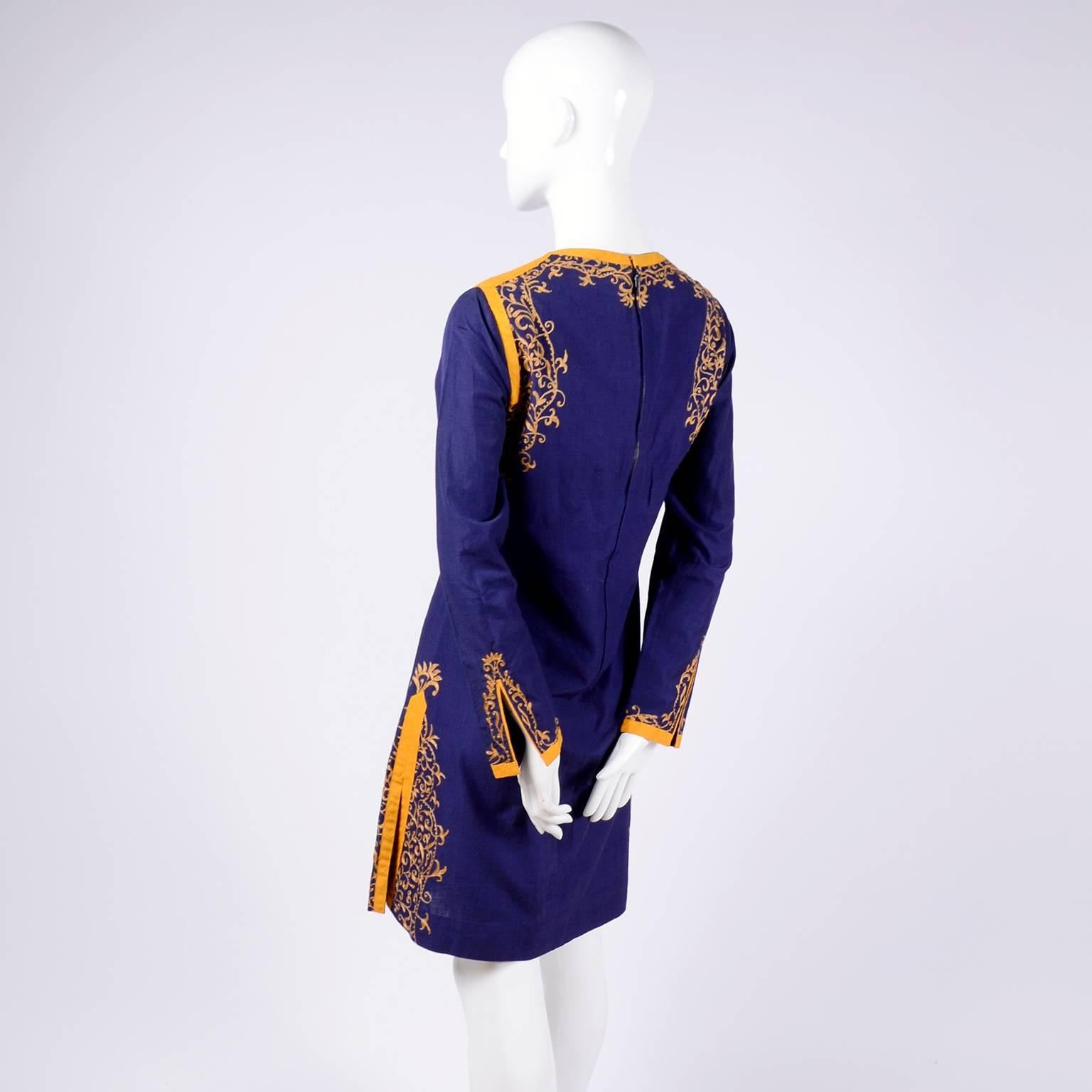 Aananda Vintage Navy Blue Cotton Dress Tunic with Marigold Embroidery, 1960s  4