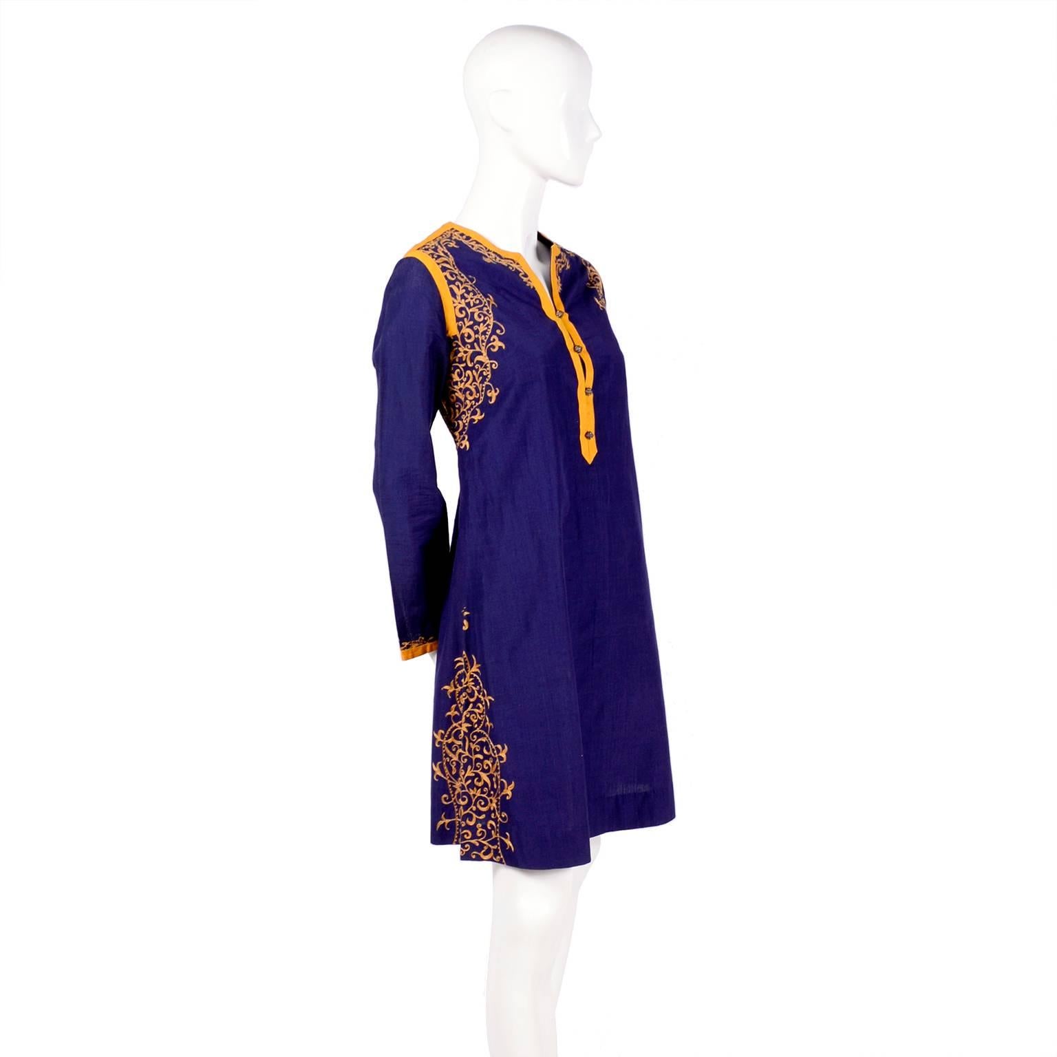 Aananda Vintage Navy Blue Cotton Dress Tunic with Marigold Embroidery, 1960s  6