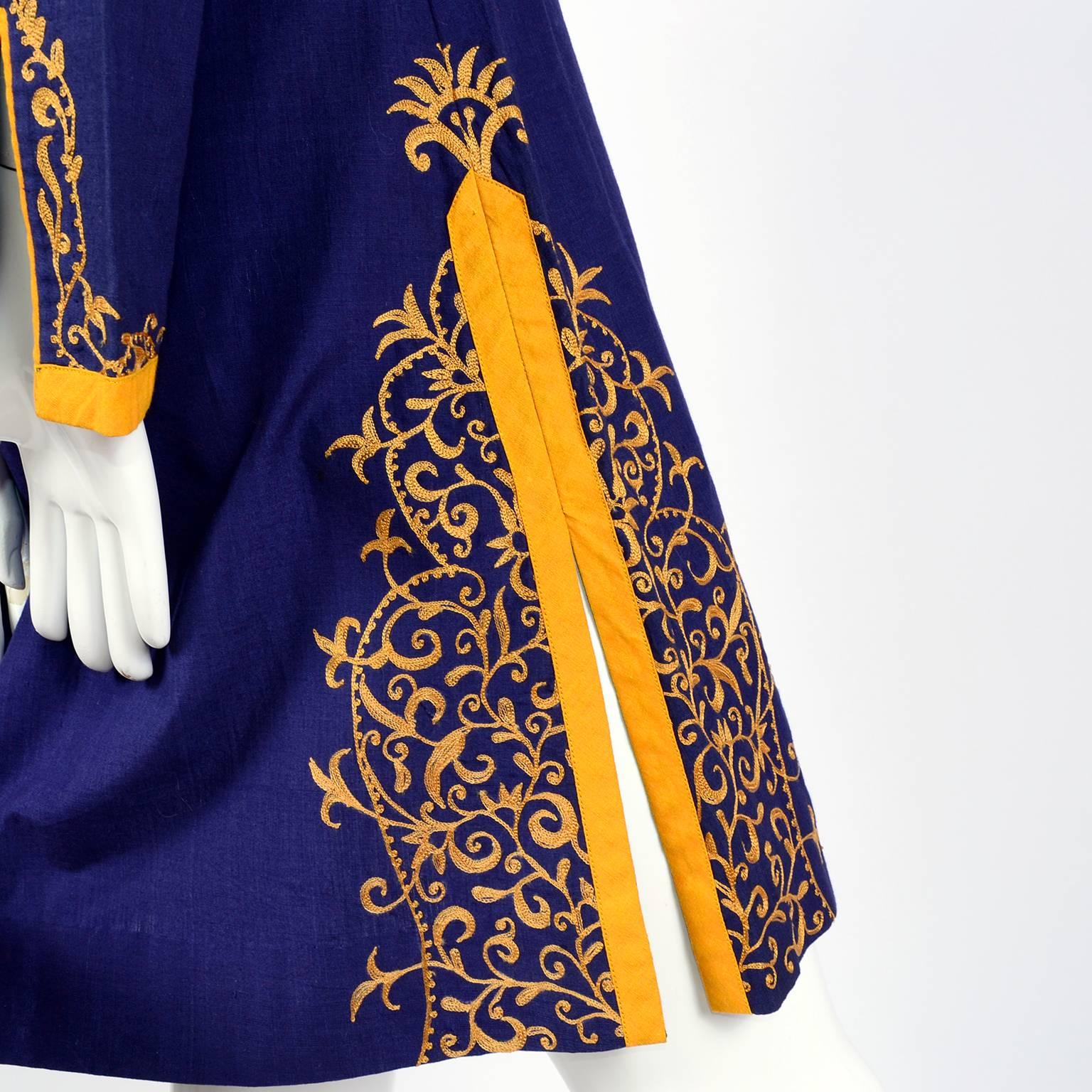 Aananda Vintage Navy Blue Cotton Dress Tunic with Marigold Embroidery, 1960s  In Excellent Condition In Portland, OR