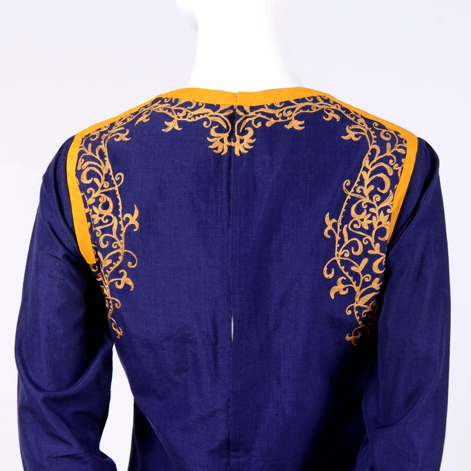 Women's Aananda Vintage Navy Blue Cotton Dress Tunic with Marigold Embroidery, 1960s 