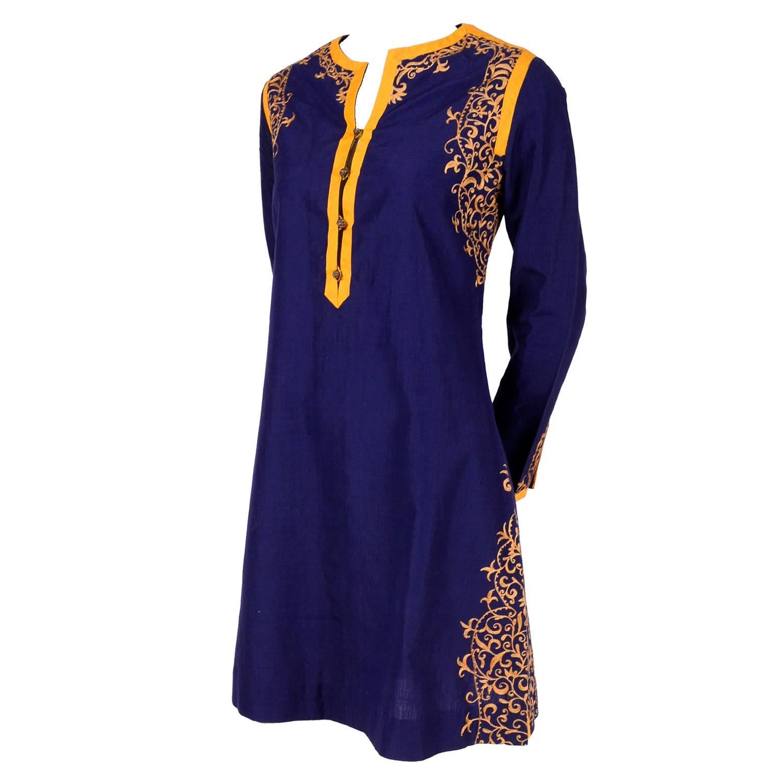 Aananda Vintage Navy Blue Cotton Dress Tunic with Marigold Embroidery, 1960s 