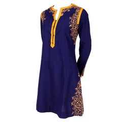 Aananda Vintage Navy Blue Cotton Dress Tunic with Marigold Embroidery, 1960s 