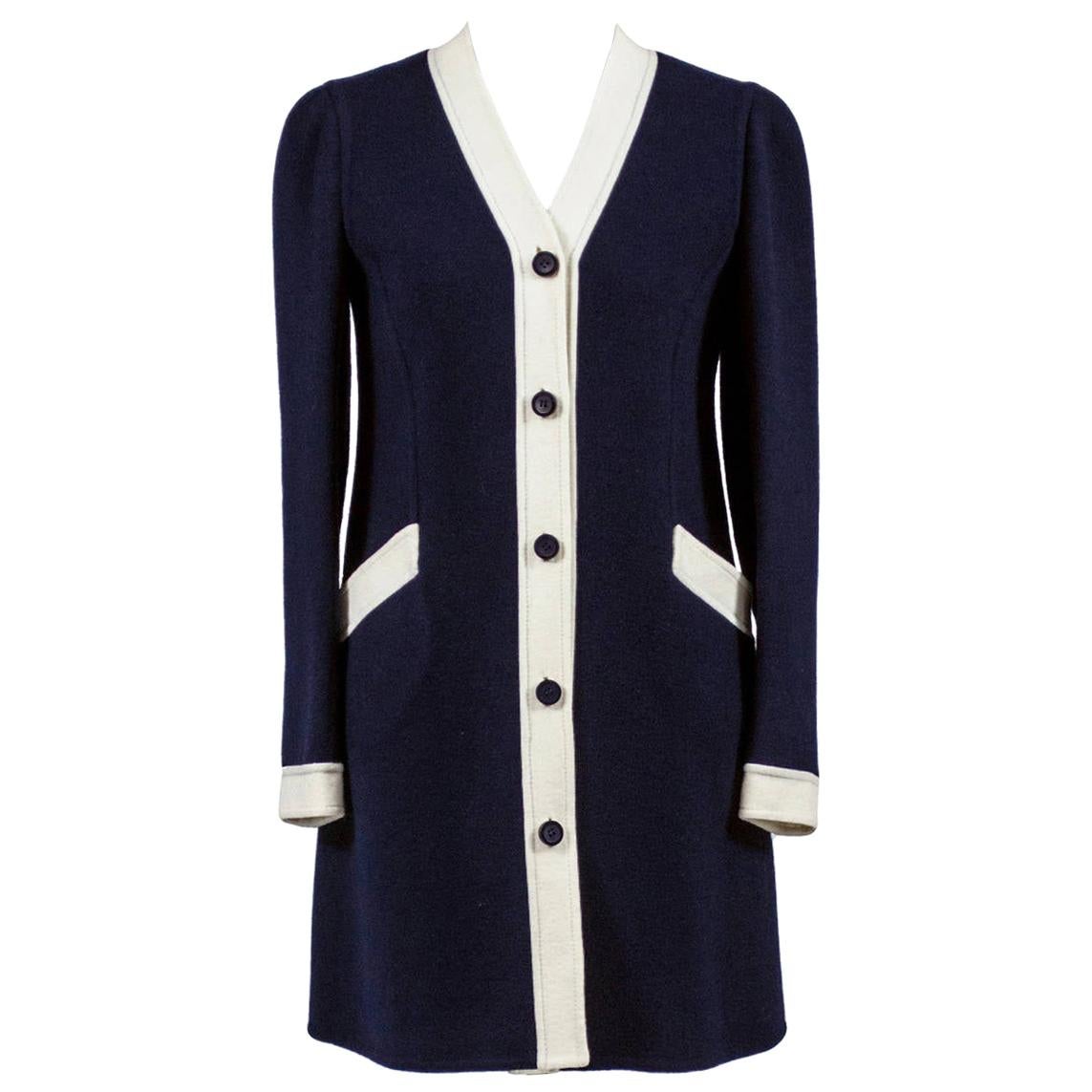 1960s Vintage Early Valentino Dress in Structured Navy Blue & White Wool 