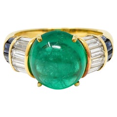 1960's Vintage Emerald Diamond Sapphire 18 Karat Gold Cocktail Ring