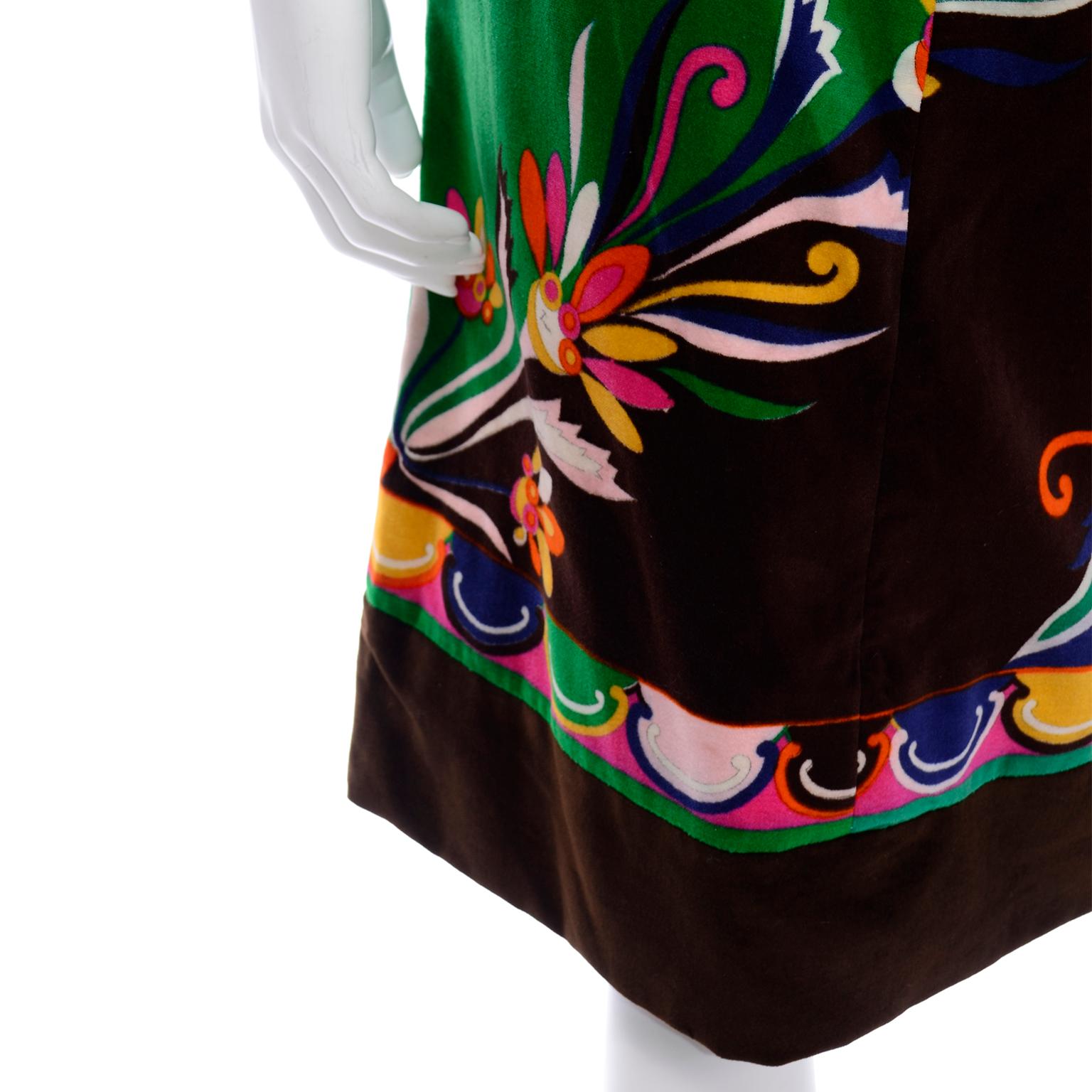 1960s Vintage Emilio Pucci Colorful Print Velvet A Line Skirt For Sale 3