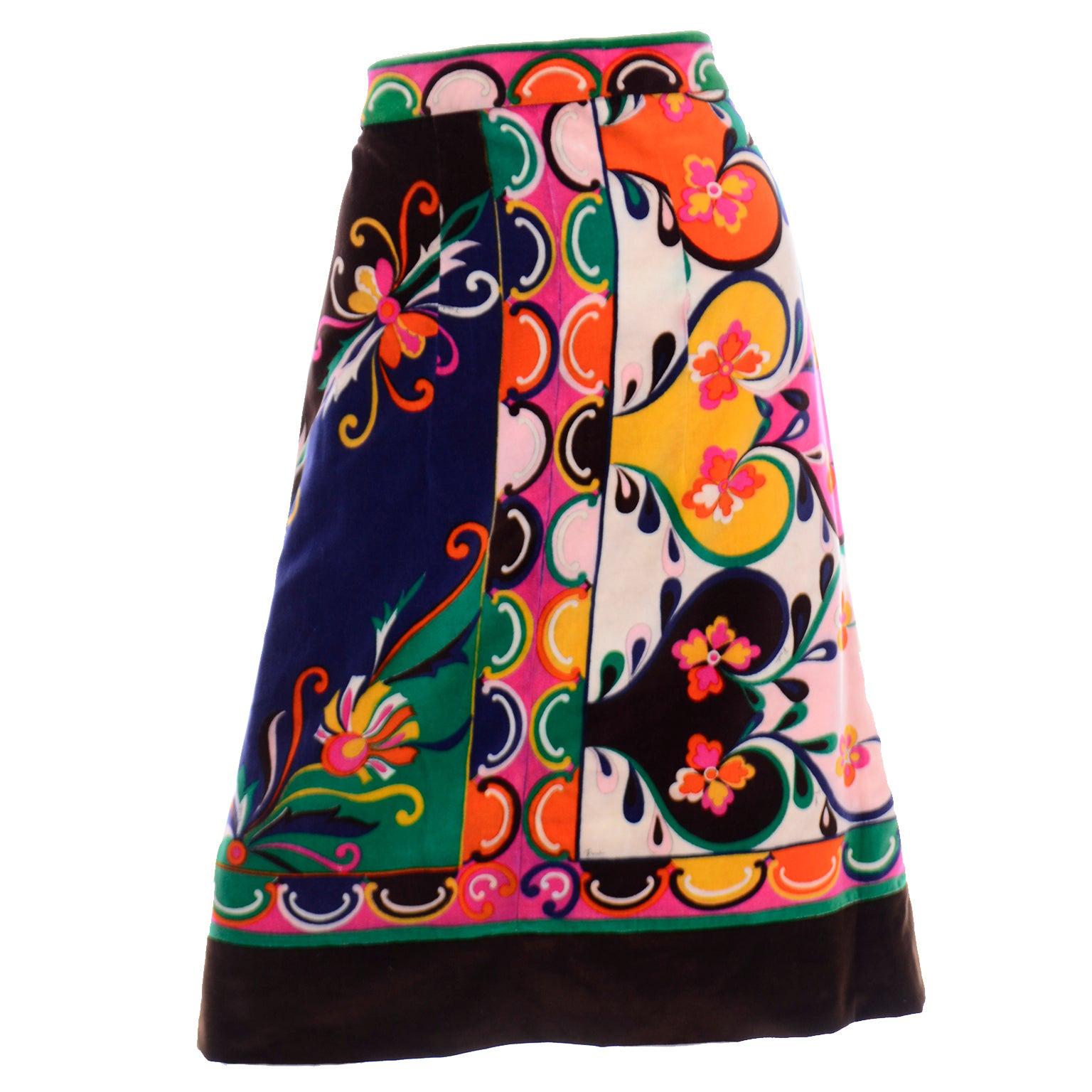 1960s Vintage Emilio Pucci Colorful Print Velvet A Line Skirt For