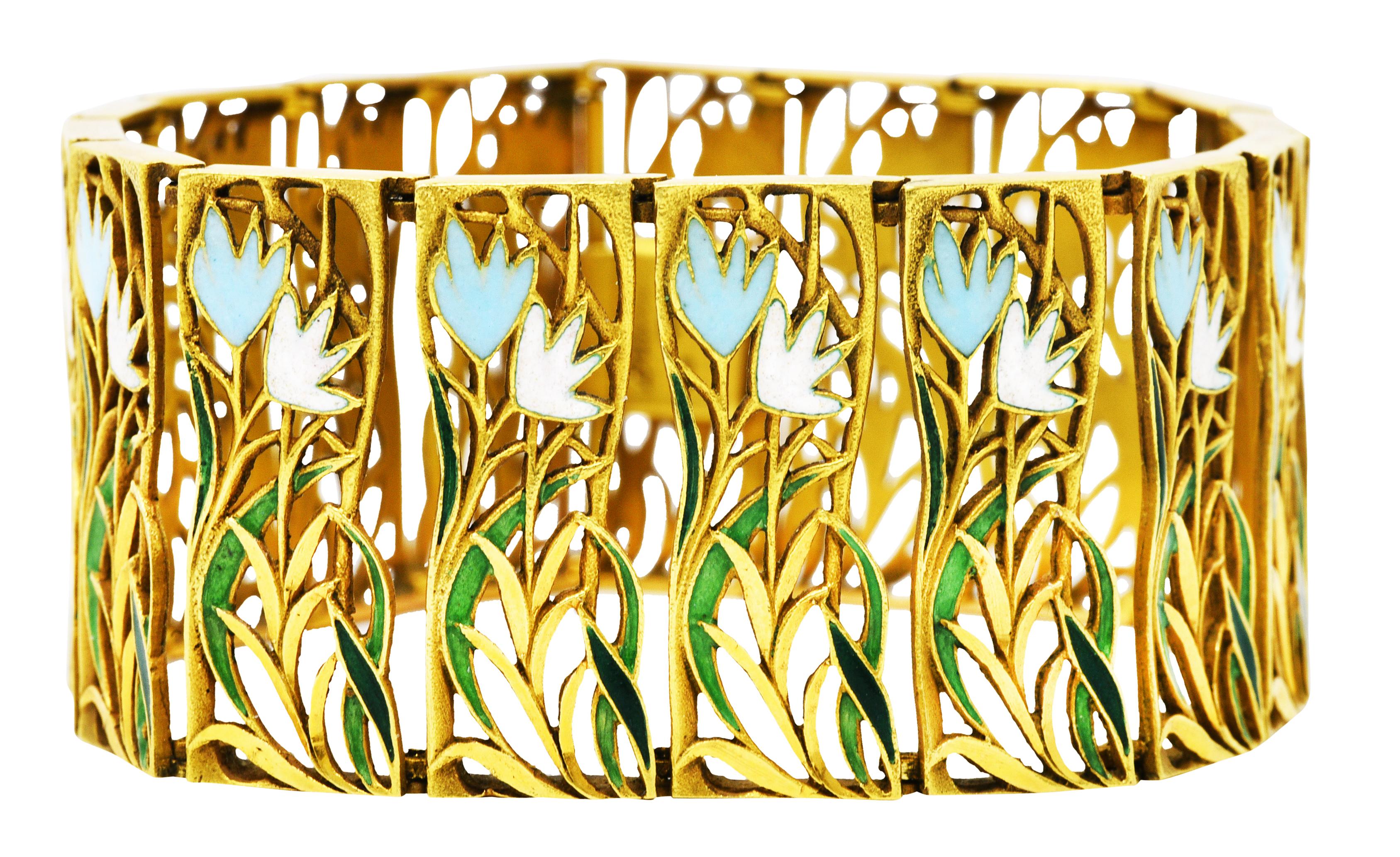 1960's Vintage Enamel 18 Karat Yellow Gold Floral Link Bracelet 5