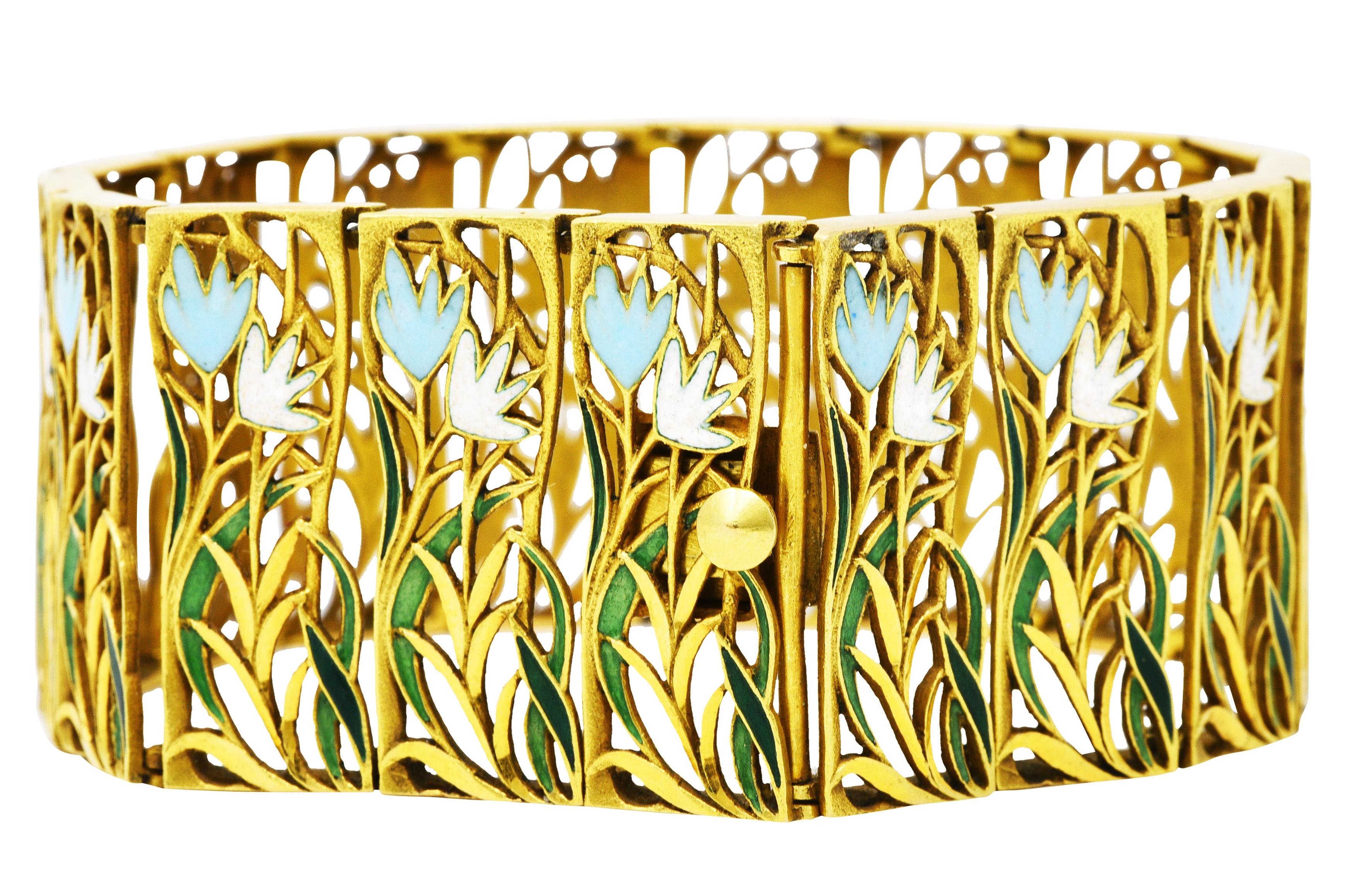 1960's Vintage Enamel 18 Karat Yellow Gold Floral Link Bracelet In Excellent Condition In Philadelphia, PA