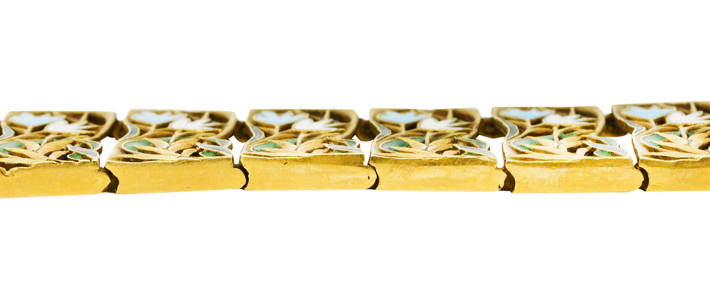 1960's Vintage Enamel 18 Karat Yellow Gold Floral Link Bracelet 2