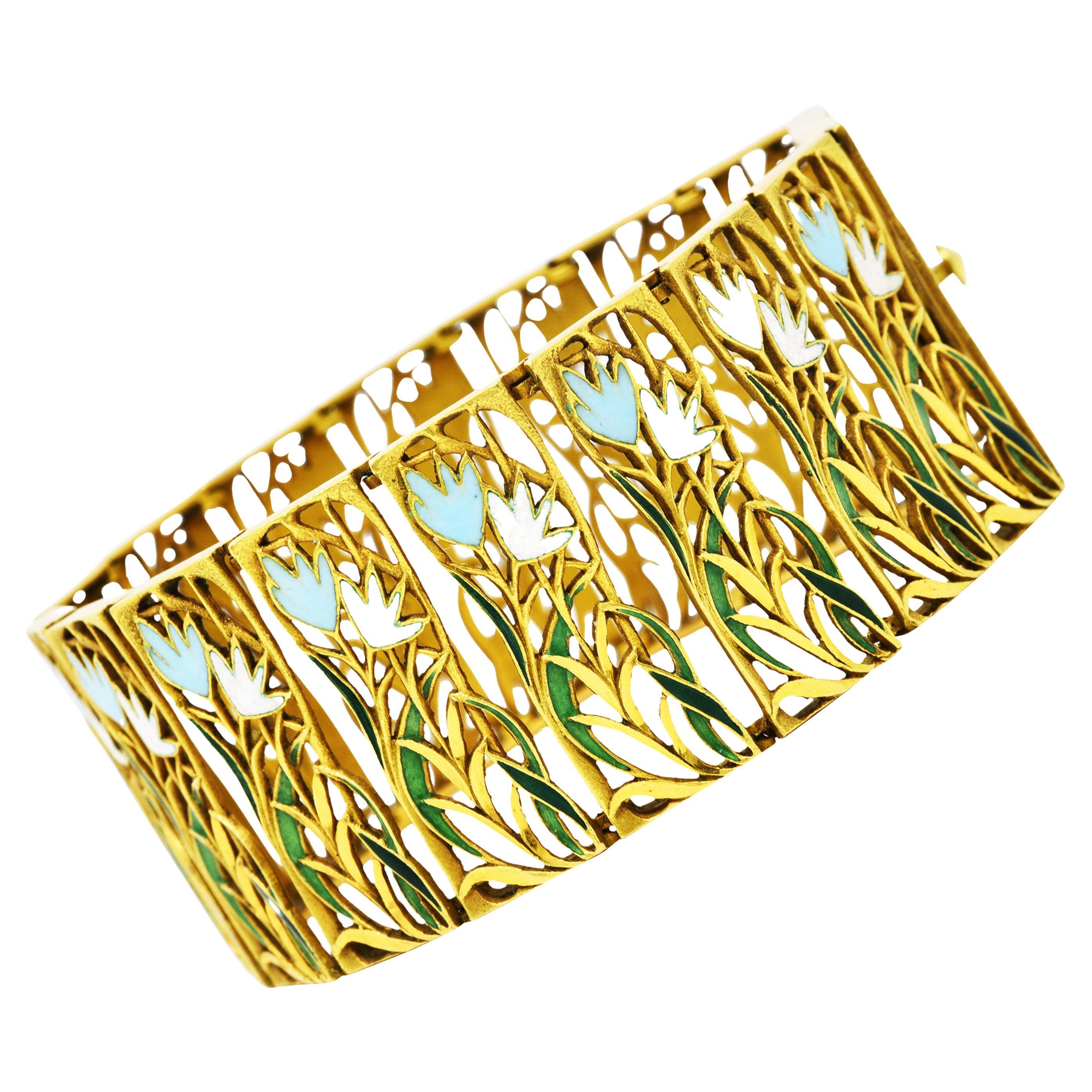 1960's Vintage Enamel 18 Karat Yellow Gold Floral Link Bracelet