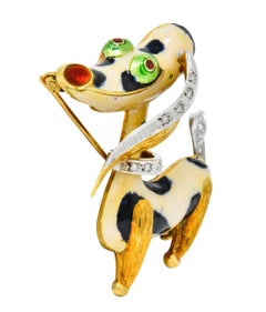1960s Vintage Enamel Diamond 18 Karat Gold Prancing Dog Brooch