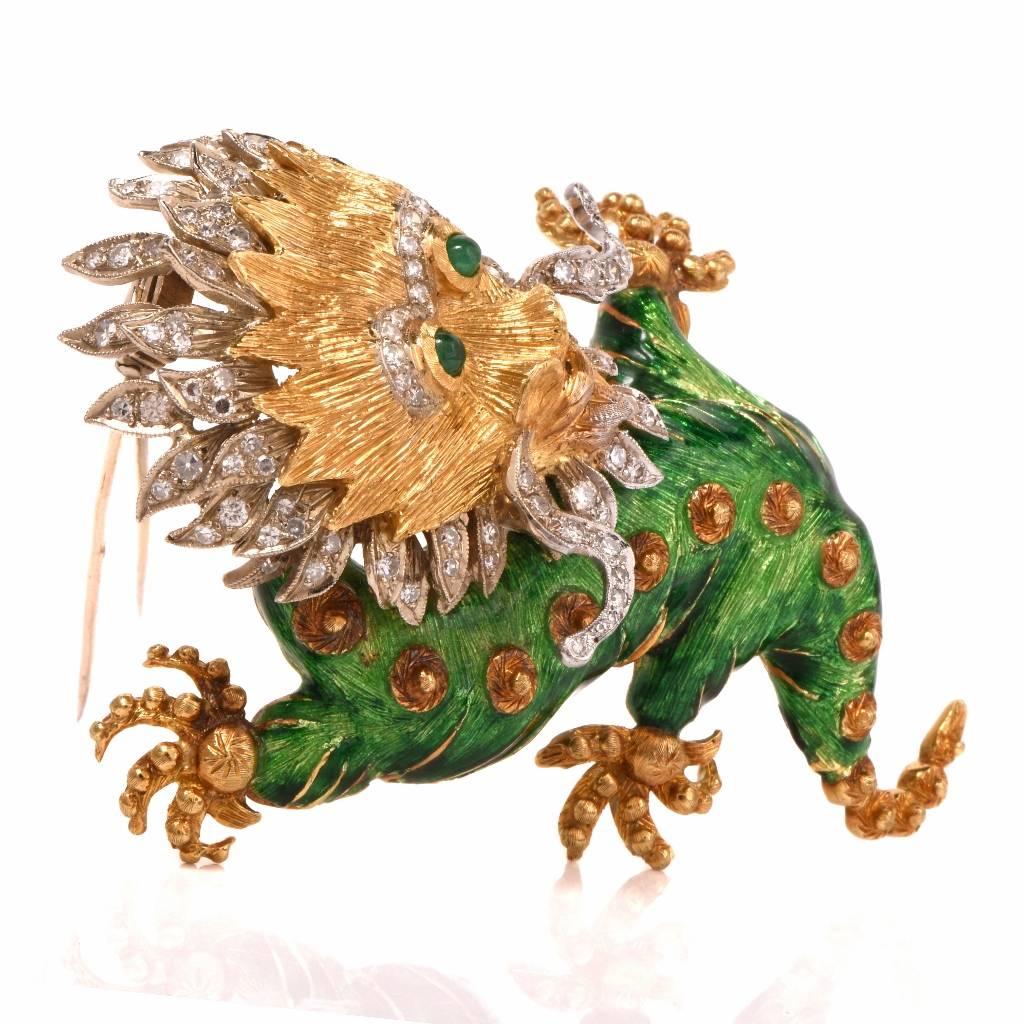 This whimsical dragon diamond enamel brooch pin  is crafted in solid 18K yellow and white gold. 
Dragon Head adorned with some 106 genuine bead-set round cut diamonds weighing approximately 2.35 carats, graded G-H color and VS1-VS2 clarity. 
The