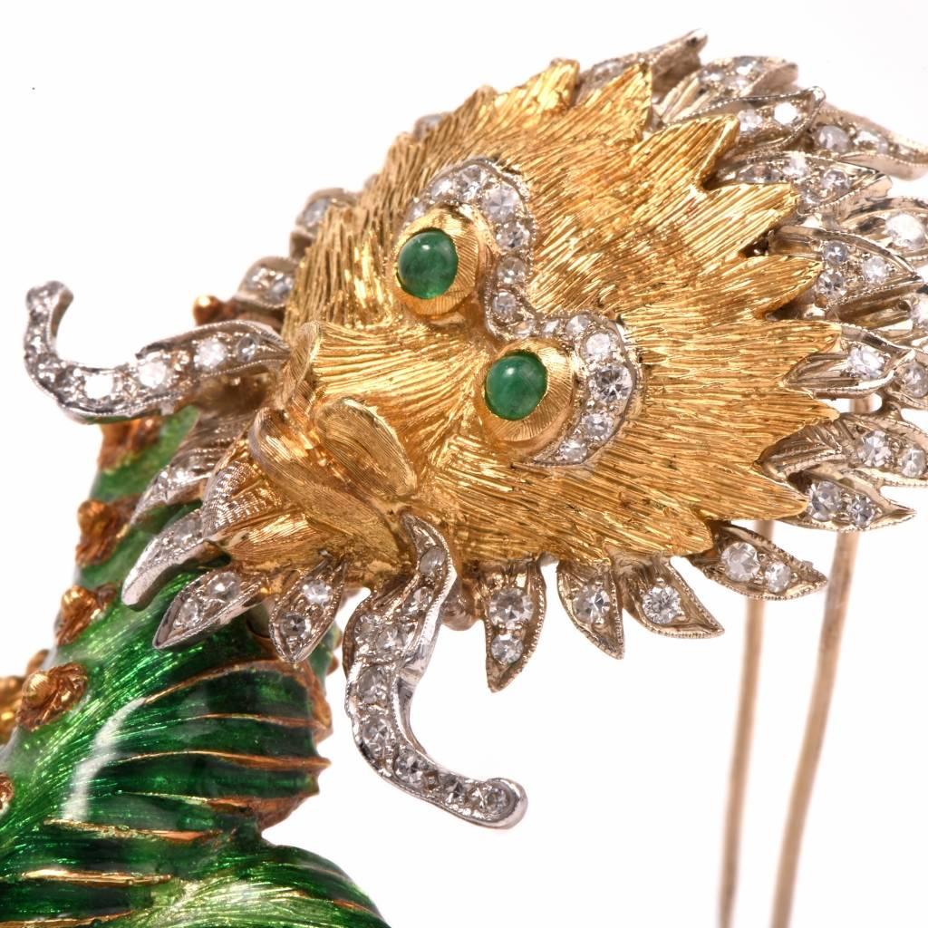 1960s Vintage Enamel Dragon Diamond Gold Brooch Pin 2