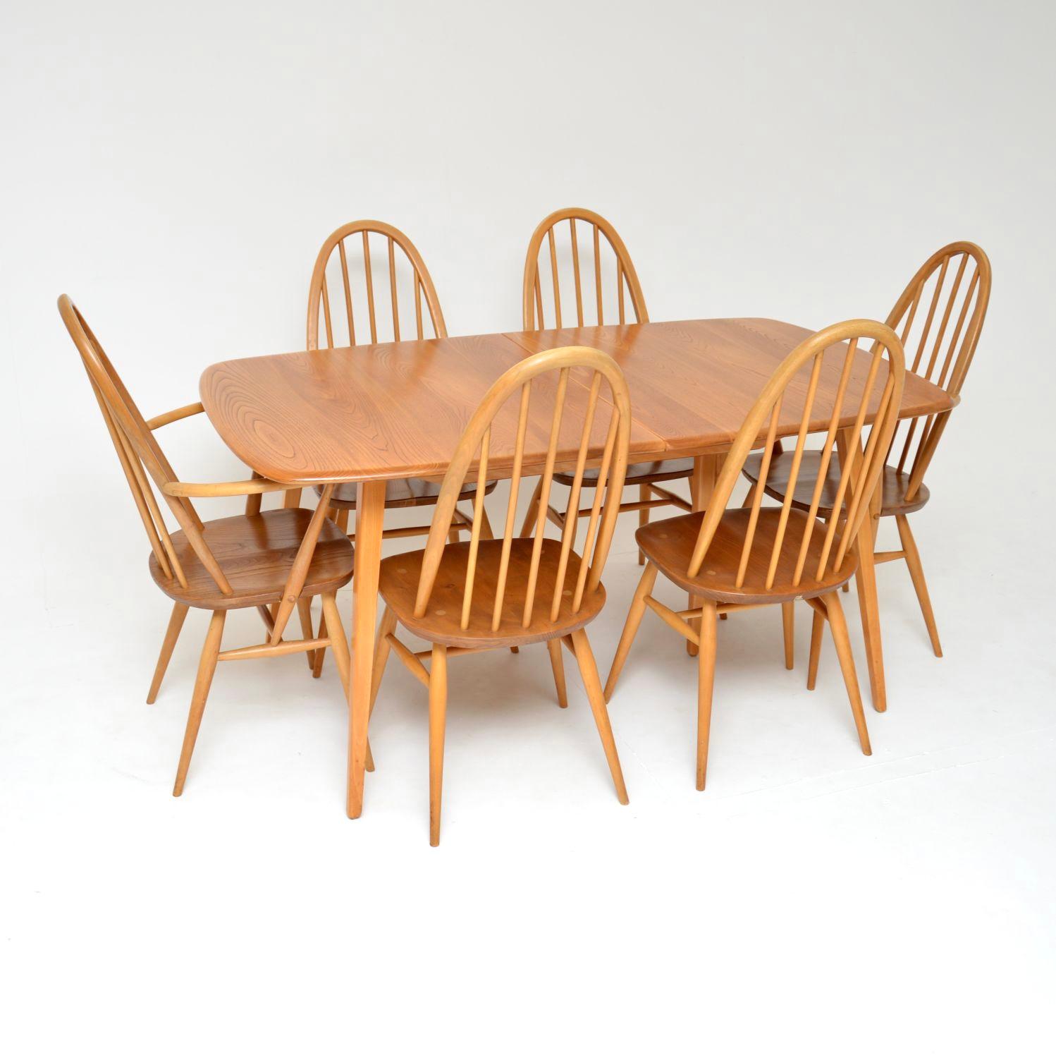 Mid-Century Modern 1960's Vintage Ercol Grand Windsor Table and 6 Quaker Chairs