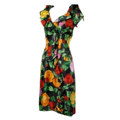 1960s Vintage Floral Print Formal Silk Cocktail Sheath Dress