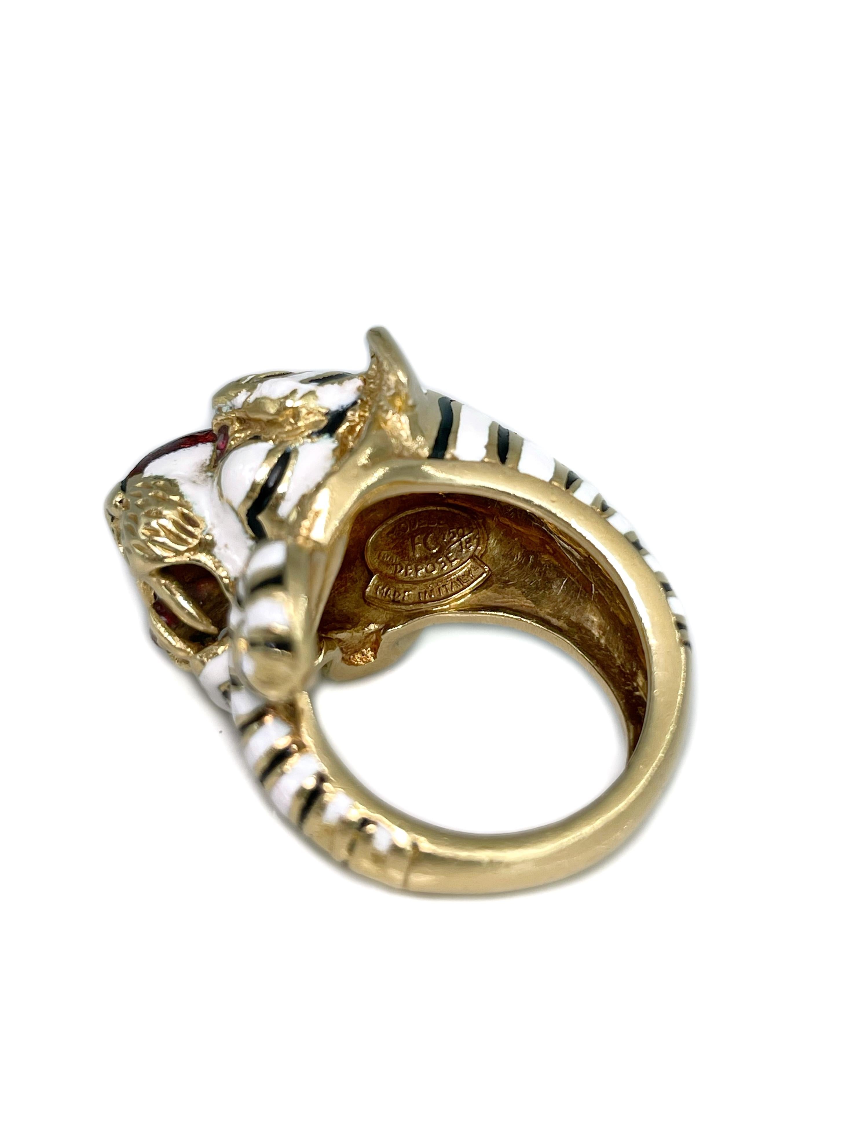 1960s Vintage Frascarolo 18 Karat Gold Ruby Enamel Tiger Cocktail Ring For Sale 1