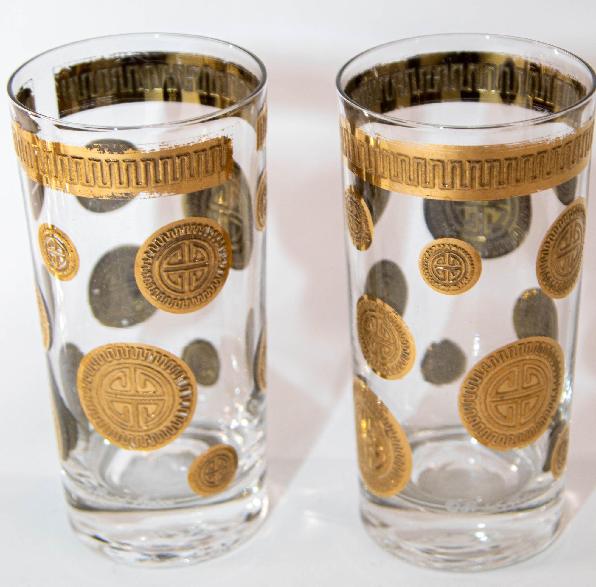 Art Glass 1960s Vintage Fred Press Gold Drinking Glasses Set of 6 Hollywood Regency Retro