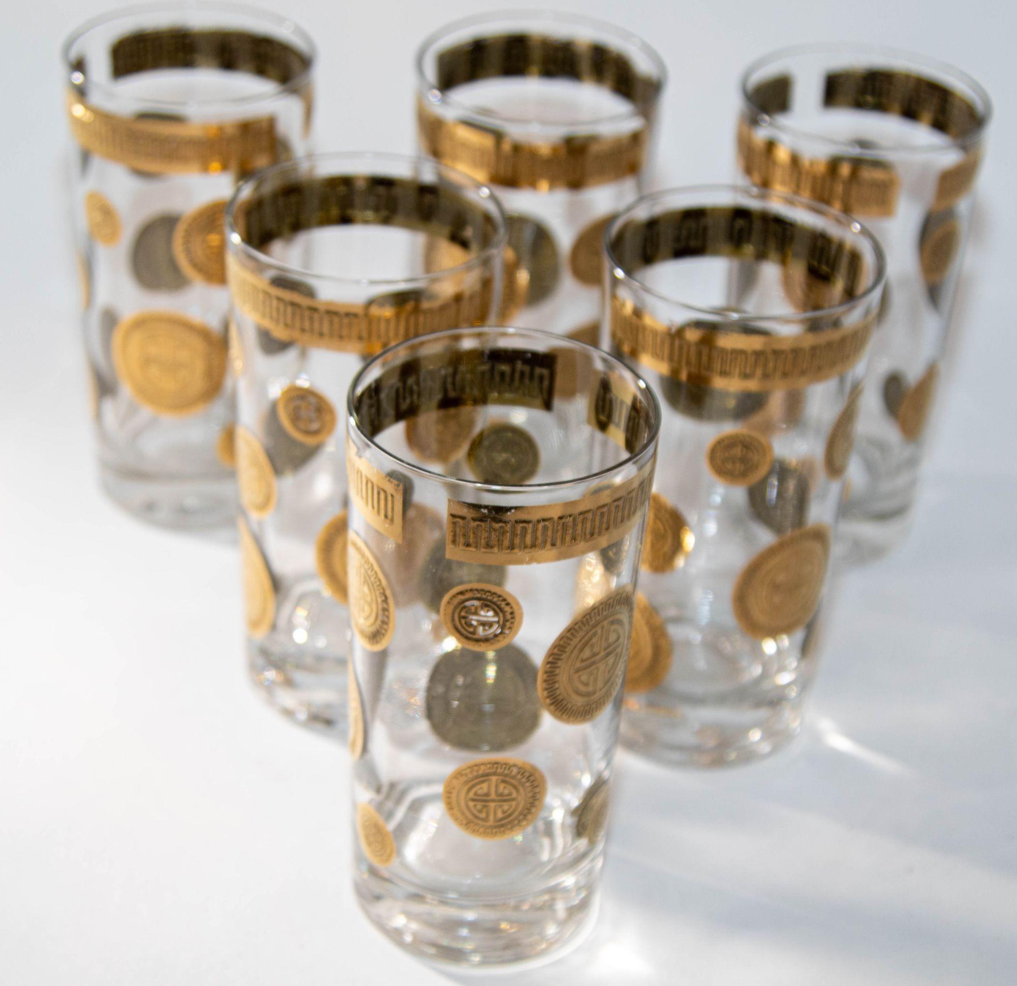 1960s Vintage Fred Press Gold Drinking Glasses Set of 6 Hollywood Regency Retro 1