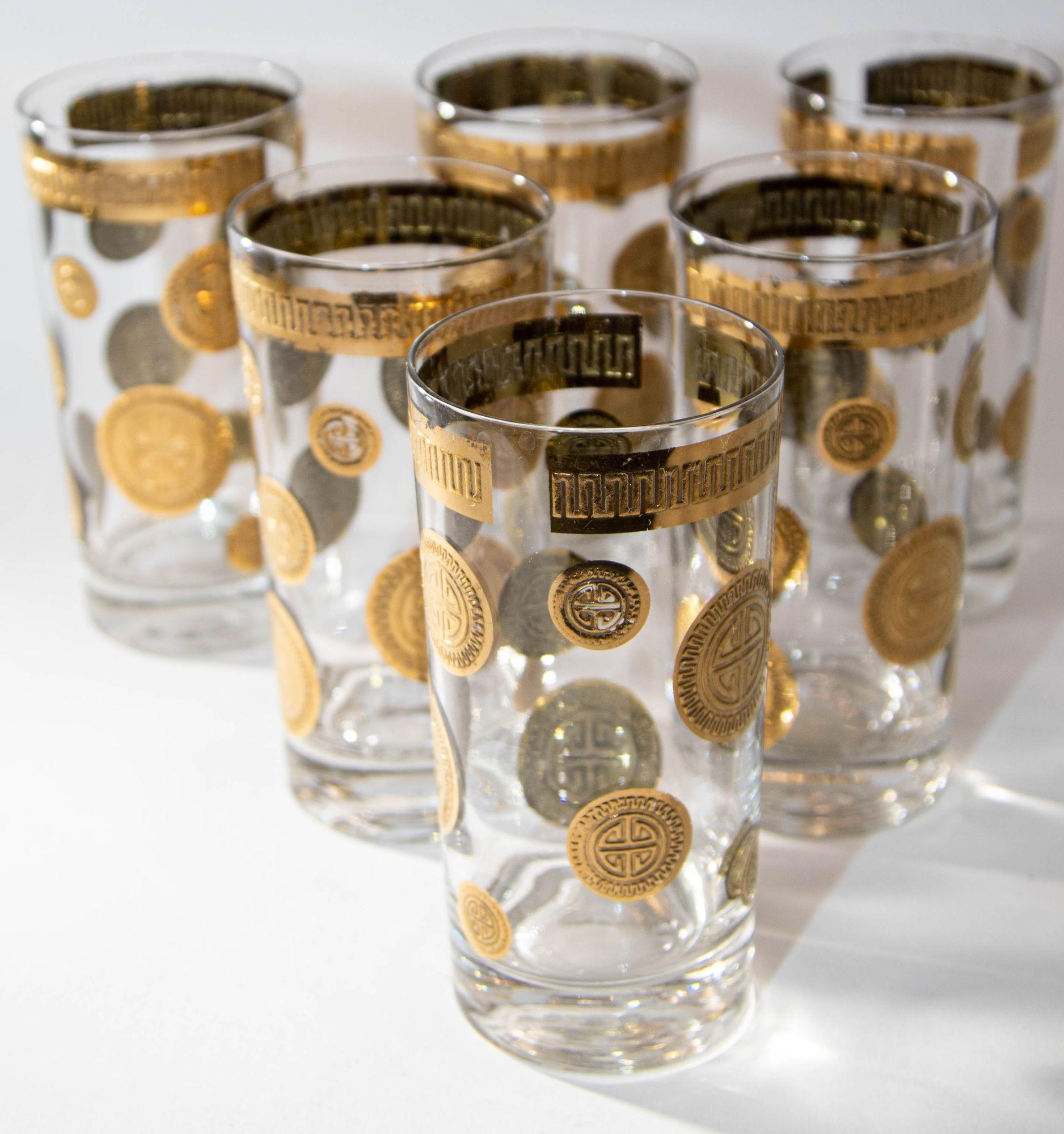 1960s Vintage Fred Press Gold Drinking Glasses Set of 6 Hollywood Regency Retro 6