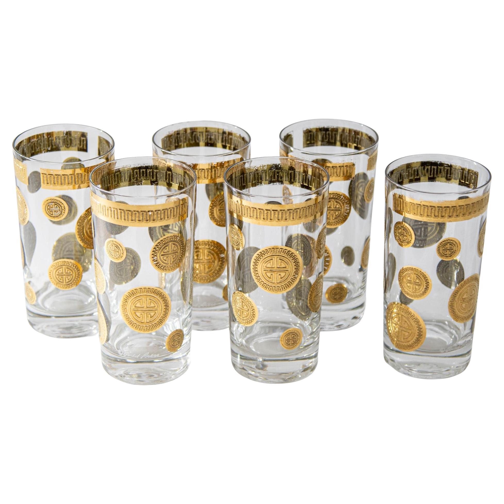 1960s Vintage Fred Press Gold Drinking Glasses Set of 6 Hollywood Regency Retro
