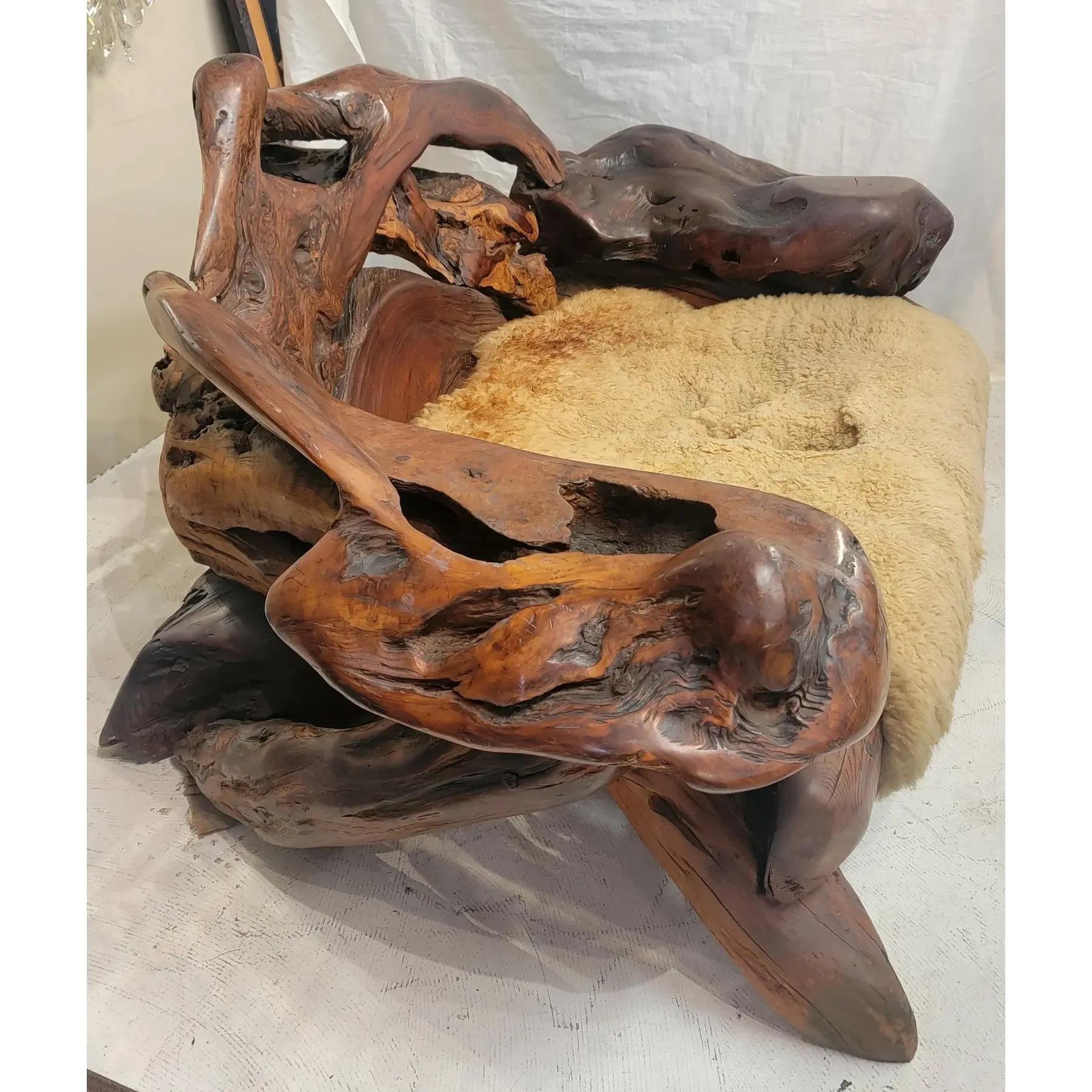 Vintage Free Form Slab Redwood settee  Sheep Skin 1960s measures approx - 66w x 44d x 33h x 14 seat height