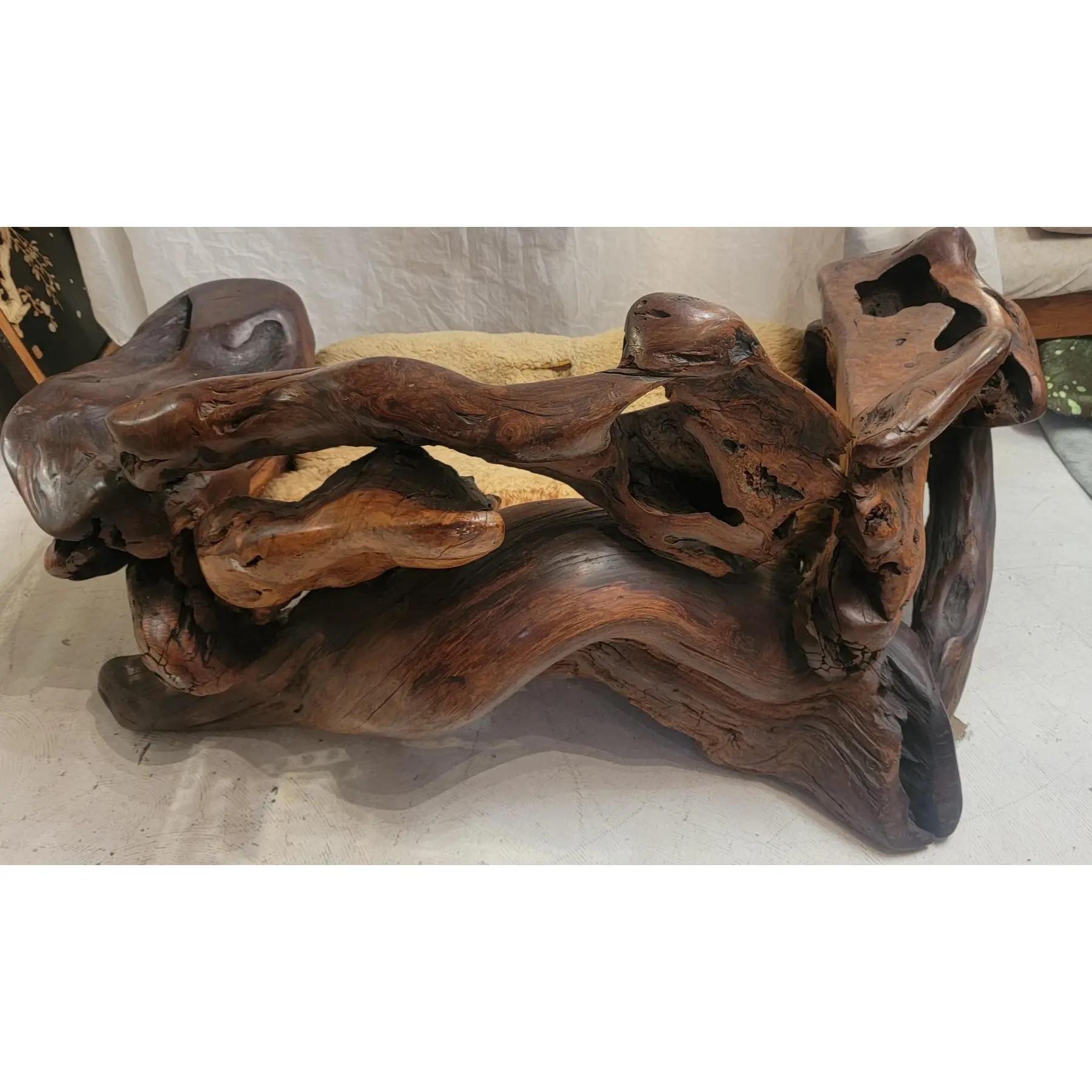 1960s Vintage Free Form Slab Redwood Settee Sheep Skin im Angebot 1