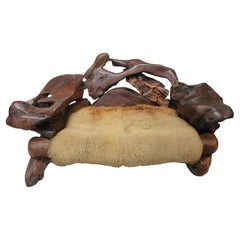 1960s Vintage Free Form Slab Redwood Settee Sheep Skin