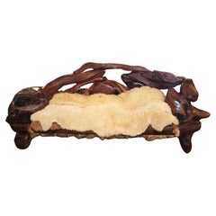 1960s Vintage Free Form Slab Redwood Settee Sheep Skin Three Seater