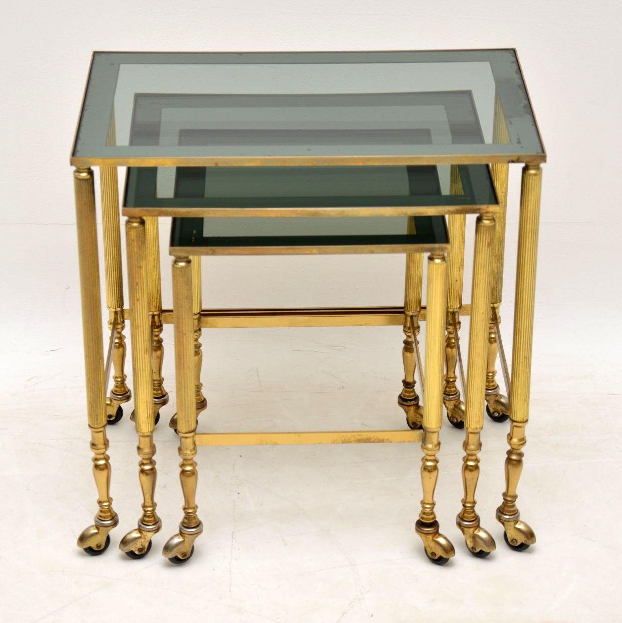 A stunning and very well made vintage brass nest of tables, these were made in France and date from the 1960s. They’re much better quality than the ones we usually find, they are in great vintage condition as well. All is clean, sturdy and sound,
