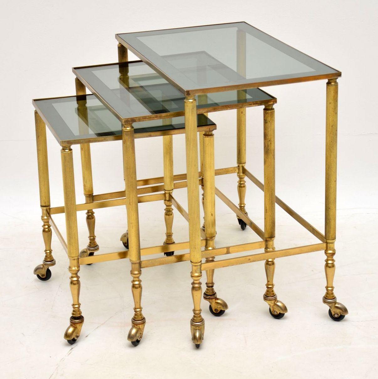 Mid-Century Modern 1960s Vintage French Brass and Glass Nest of Tables