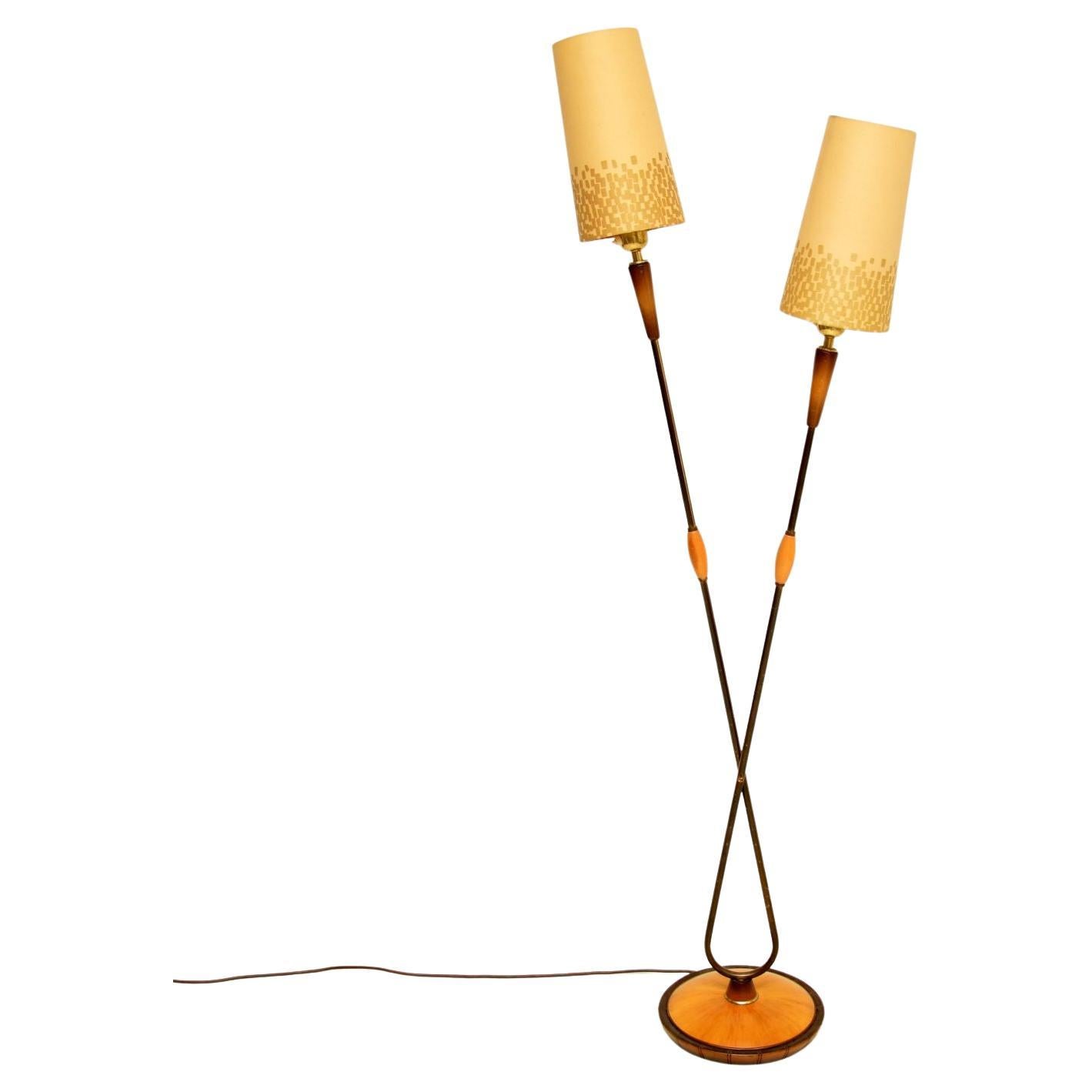 1960s Vintage French Brass & Walnut Floor Lamp For Sale