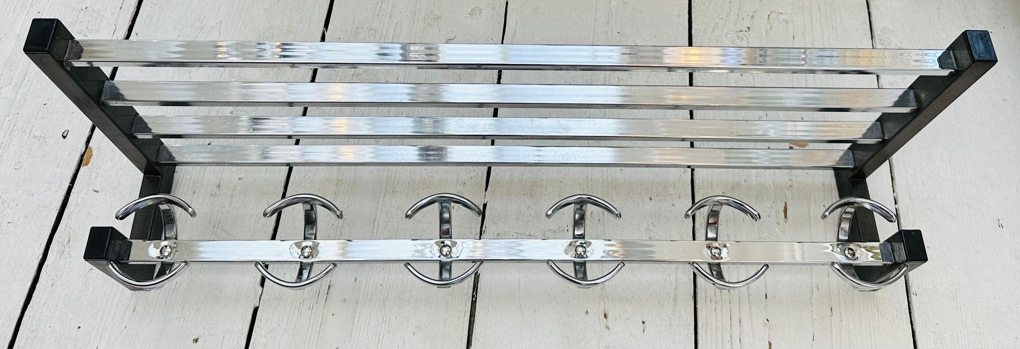 Polished 1960s Vintage French Chrome & Grey Coated Metal Wall Hanging Hat And Coat Rack For Sale