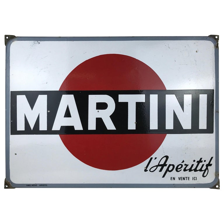 1960s Vintage French Enamel Metal Martini L' Aperitif Advertising Sign For Sale